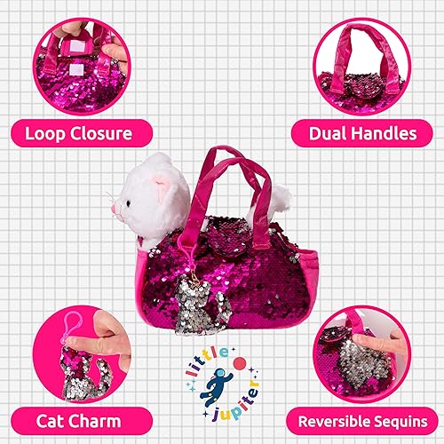 Miniatura 3 de Juego de transportador de mascotas de peluche para gatos con bolso rosa con lentejuelas reversibles y dije, animales de peluche para gatos, animales