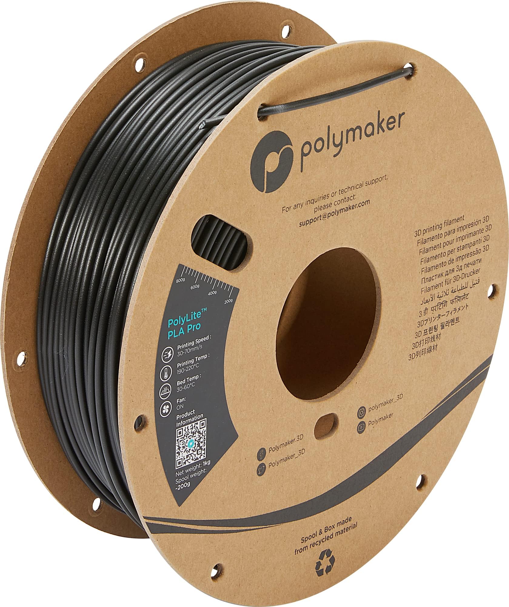 PLA PRO Filament 2.85mm 1kg, Tough & High Rigidity Black 3D Printing Filament, PolyLite PLA PRO 3D Printer Filament 2.85mm, Print with Most 3D Printers