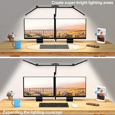 Led Desk Lamp with Clamp, Architect Desk Lamp for Home Office with Atmosphere Lighting, 24W Ultra Bright Auto Dimming Computer Light Stepless Dimming and Tempering LED Table Light
