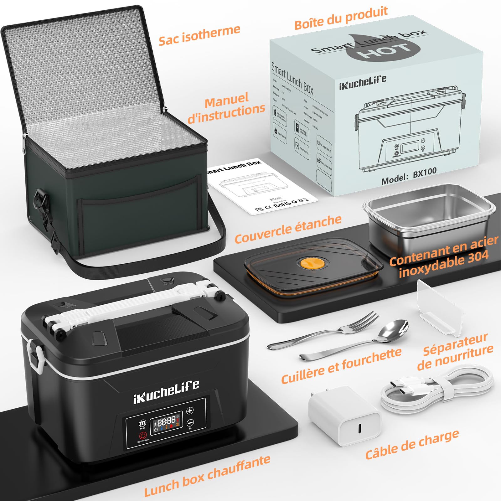 Gamelle Chauffante 100W Lunch Box Chauffante Electrique | 1,2L aveBatterie Réservation et Réglage Température, Boite Repas Chauffante Inoxydable 5 Modes pour Bureau Voiture Cuisine