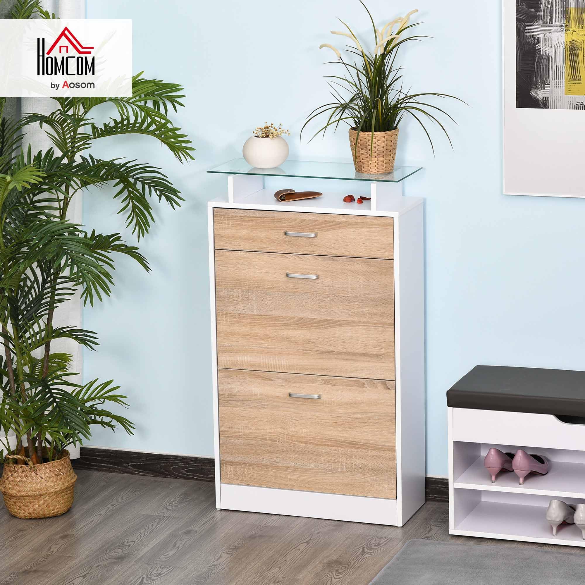 HOMCOM Mueble Zapatero Armario Zapatero con 3 Cajones Estante de Vidrio y Asa de Aluminio para Pasillo Entrada Carga 50 kg 60x24x105,5 cm Natural