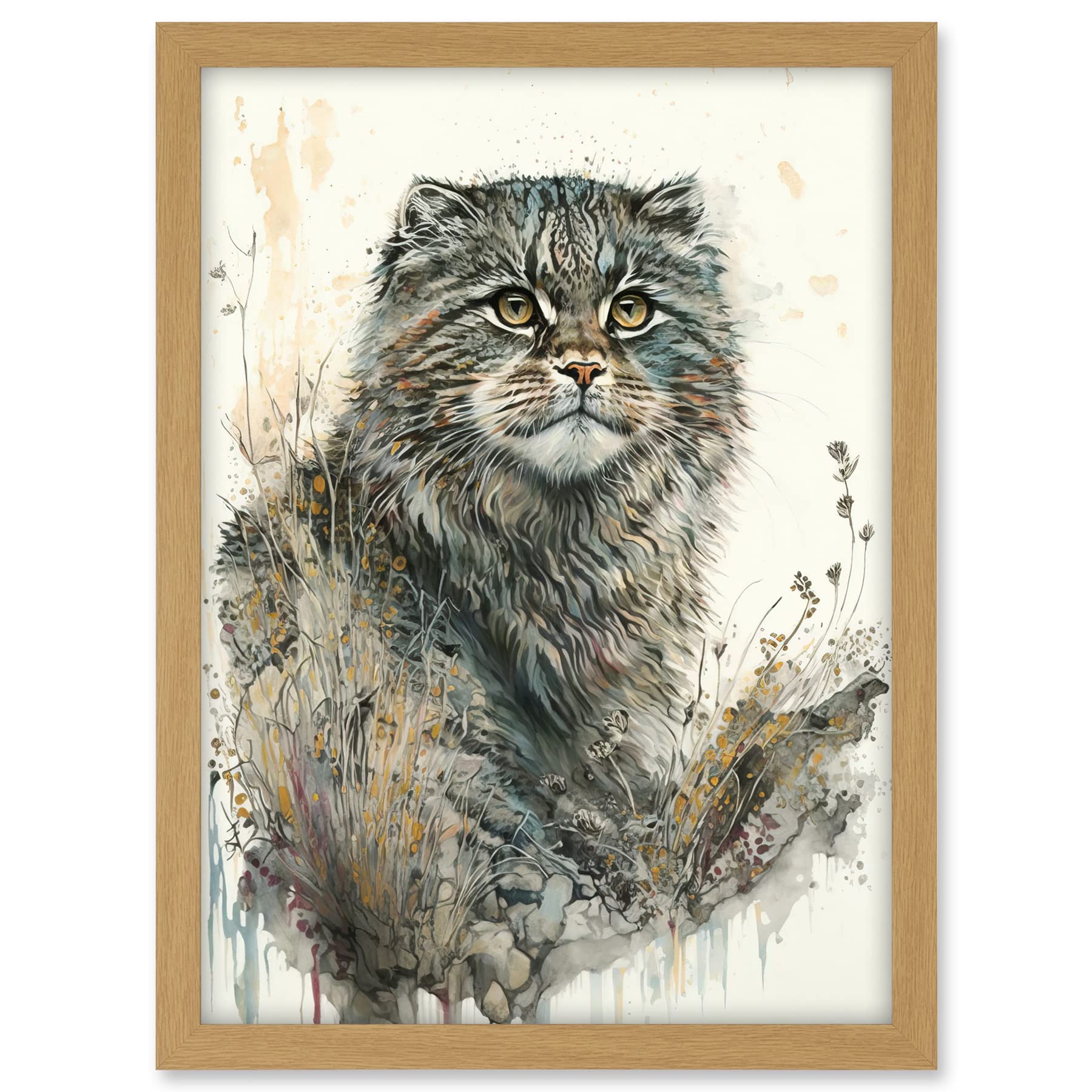 Artery8 Manul Pallas Cat Portrait in Wildflowers Watercolour Illustration Artwork Framed A3 Wall Art Print