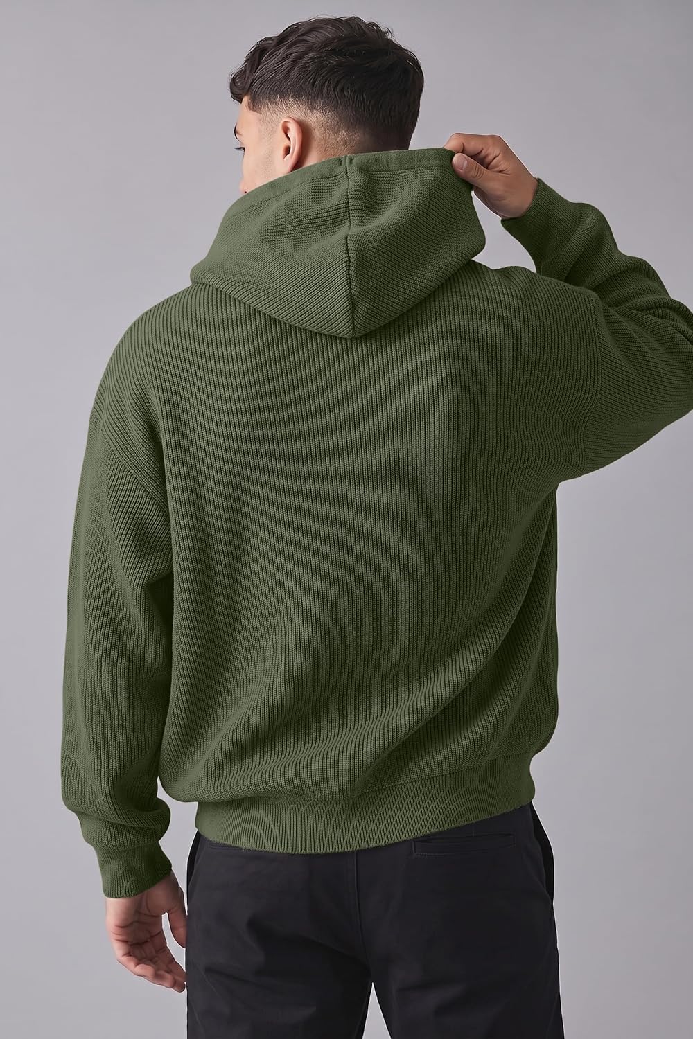 JMIERR Men's Quarter Zip Ribbed Knit Hooded Casual Long Sleeve Sweater image 4