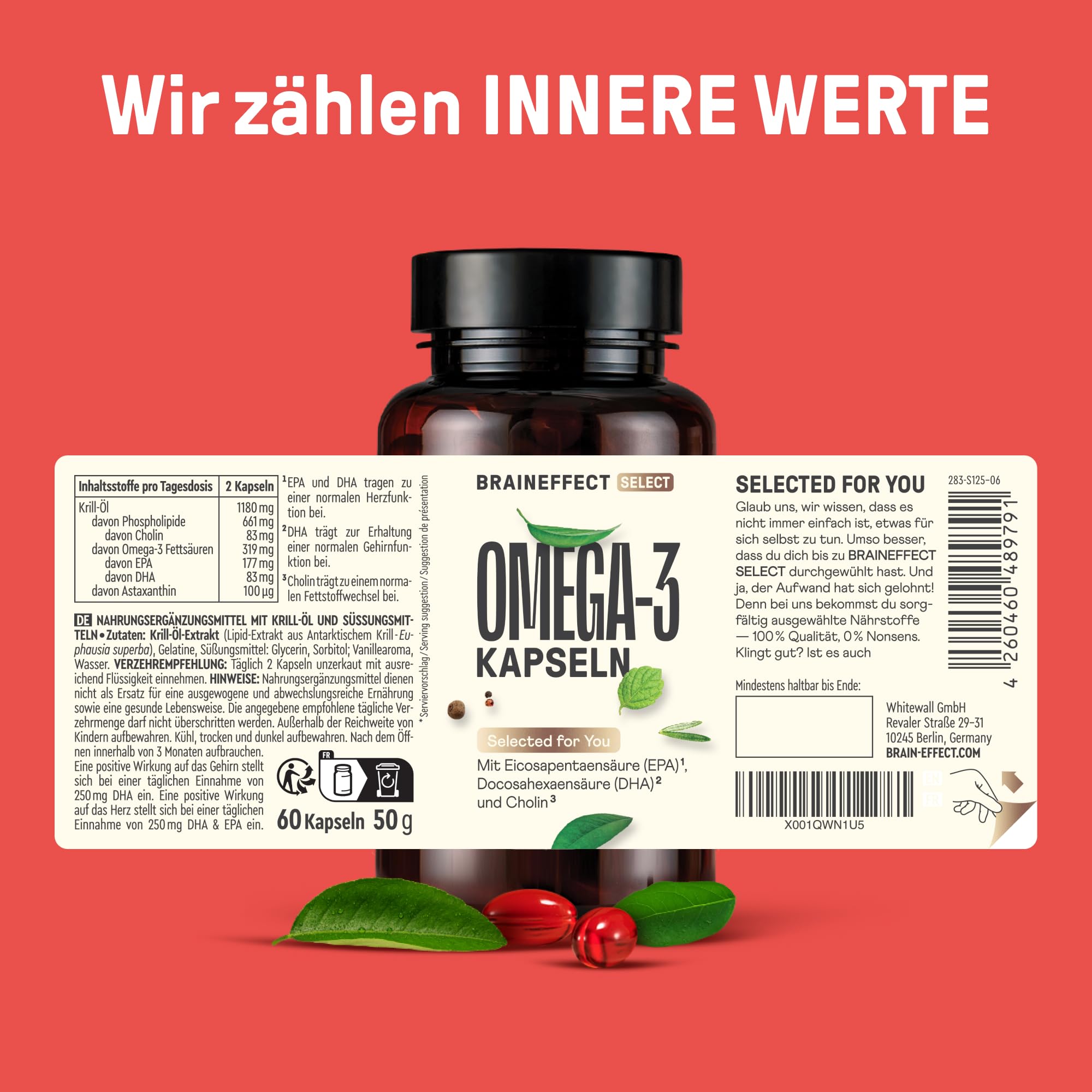 BRAINEFFECT Premium Krillöl Kapseln Omega 3 | 100% Krillöl (Ungestreckt) | Astaxanthin EPA DHA Cholin | Kein Fischgeruch/-Geschmack | 60 Kapseln | Made in Germany