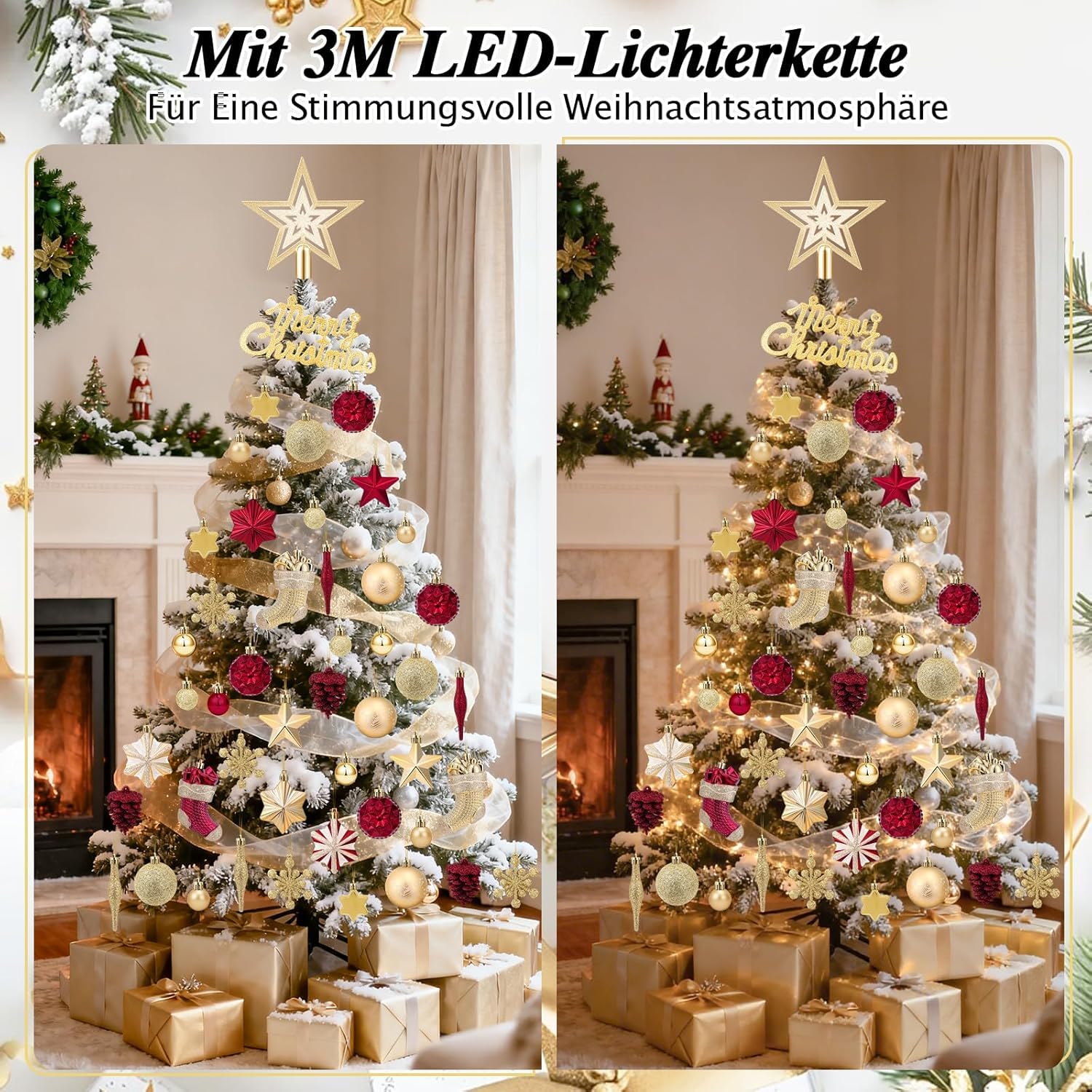 JONRRYIN Premium Weihnachtskugeln, 70er Set Christbaumkugeln Kunststoff - Mit LED-Licht, Baumspitze Stern, Kleine Weihnachtskugeln - Christbaumschmuck für Drinnen & Draußen (Rot-Gold)