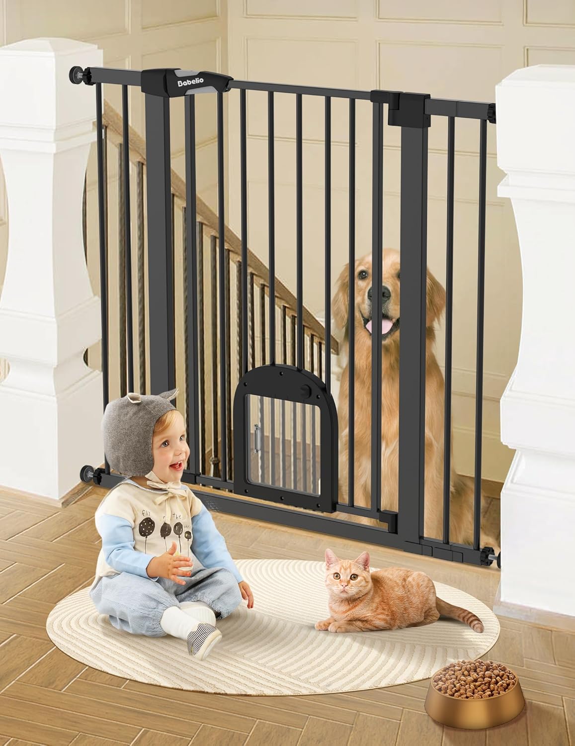 Babelio 36" Tall Upgraded Baby Gate with Cat Door,29-43" Auto Close Durable Dog Gate for Stairs,Doorways and House,Easy Walk Thru,Includes 4 Wall Cups,Black Black 29-43" Wide, 36" Tall