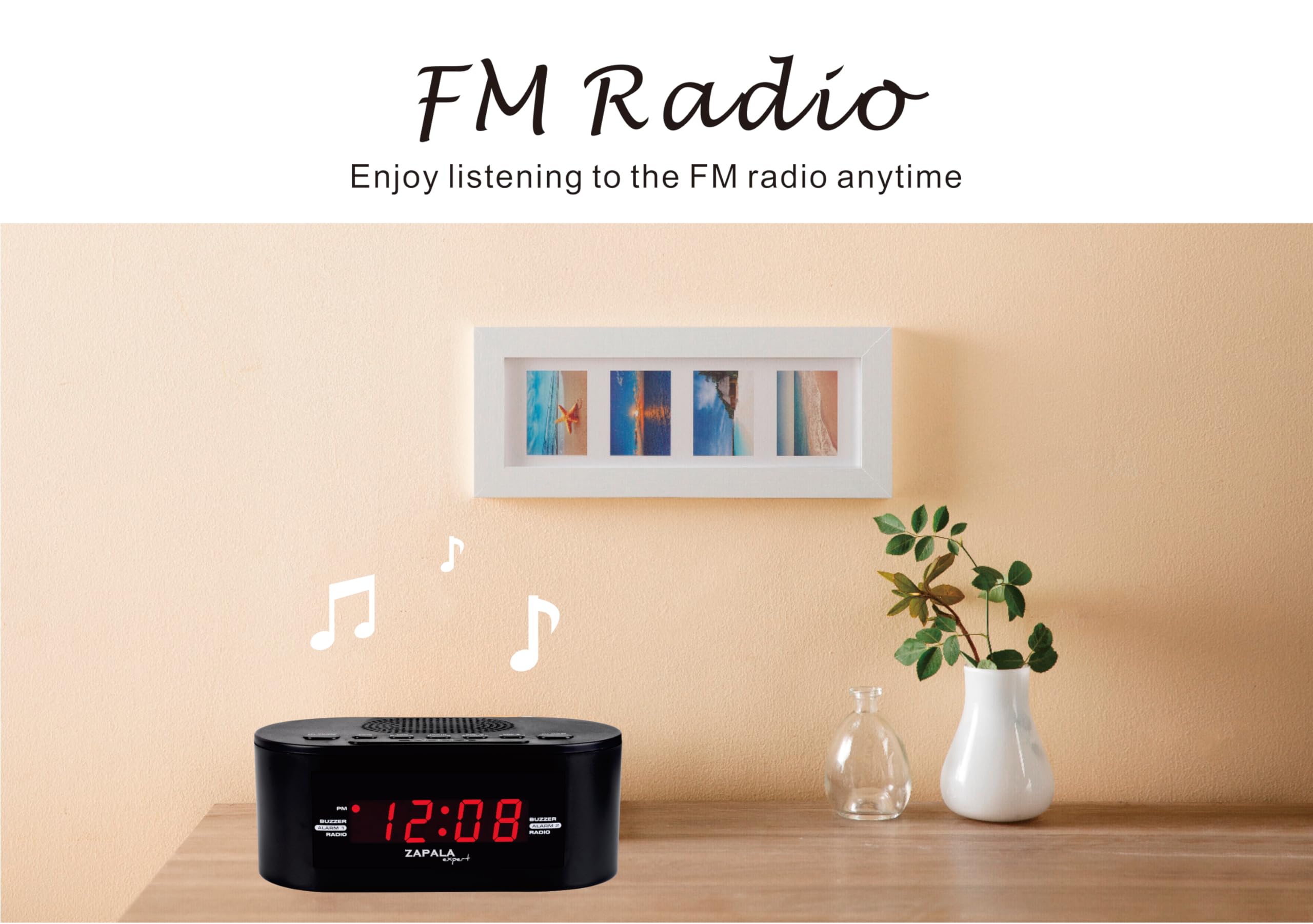 ZAPALA expert Alarm Clock Radio for Bedroom, 2 Alarms Clear LED Display Plug in Simple Basic Digital FM Clock Radio with USB Charging Port, Adjustable Volume, Snooze for Deep Sleepers Kids Elderly