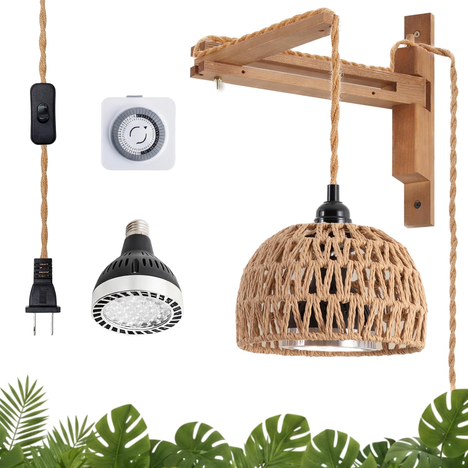 Hanging Grow Light for Indoor Plants, 30W Full Spectrum 4000K Wall-Mounted LED Plant Light with 15FT Plug-in Cord and Timer, Ideal for Tall Floor Plants & Large Houseplants