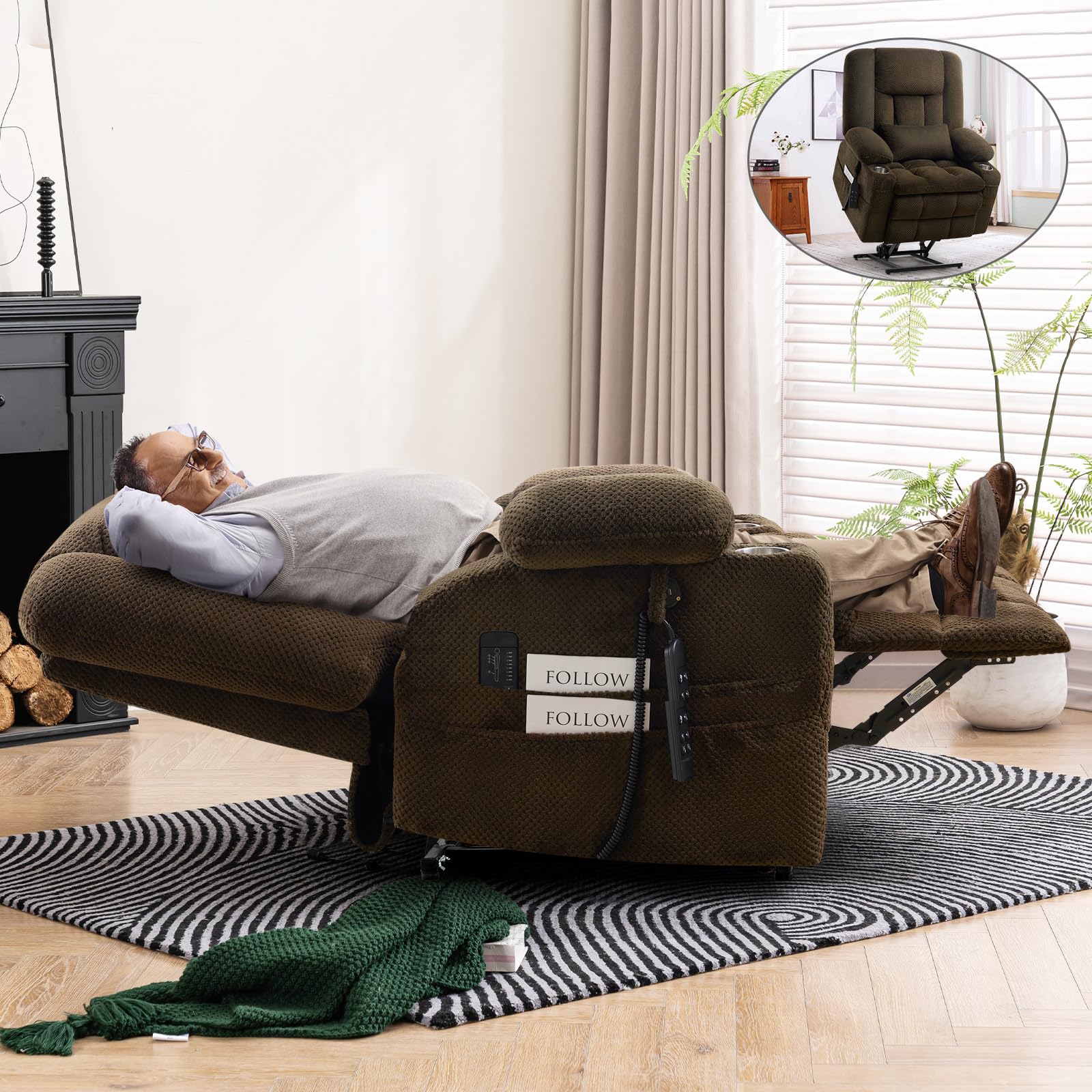 Large Dual Motor Lay Flat Power Lift Recliner Chair, Massage Recliner Chairs with Heat for Living Room, Lumbar Pillow, USB & Type-C Ports, Oversized Recliner for Big & Elderly People - Brown