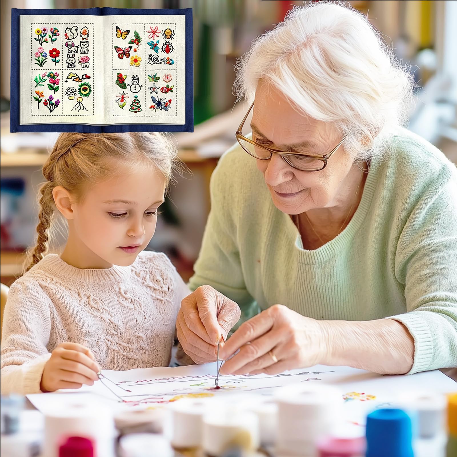 KINDLUME Libro Ricamo, Kit Ricamo per Principianti, Embroidery Book, Set Completo con 12 Aghi, Ditale, Infilago e Telaio, per Adulti, Regalo Creativo e Hobby Rilassante