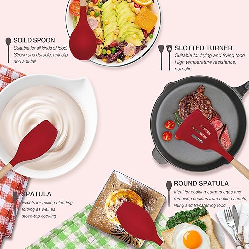 Miniatura 6 de Juego de utensilios de cocina de 12 piezas antiadherentes de silicona con mango de madera, juego de utensilios de cocina de silicona con soporte,