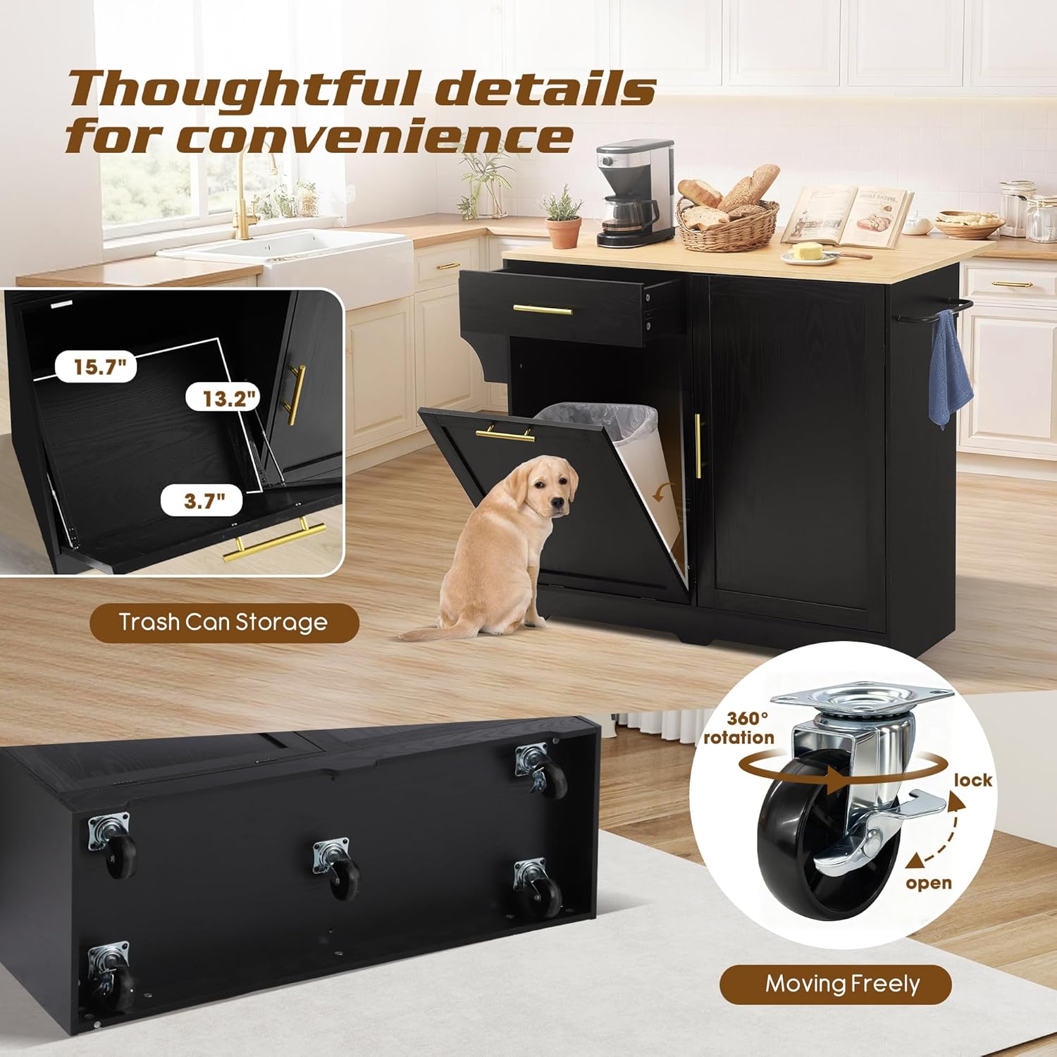 48" Kitchen Island with Trash Can Storage & Drop Leaf, Rolling Kitchen Island Table Cart with Spice/Towel Rack, Portable Kitchen Cabinet Bar Carts on Wheels with Drawer for Dining Room (Black)