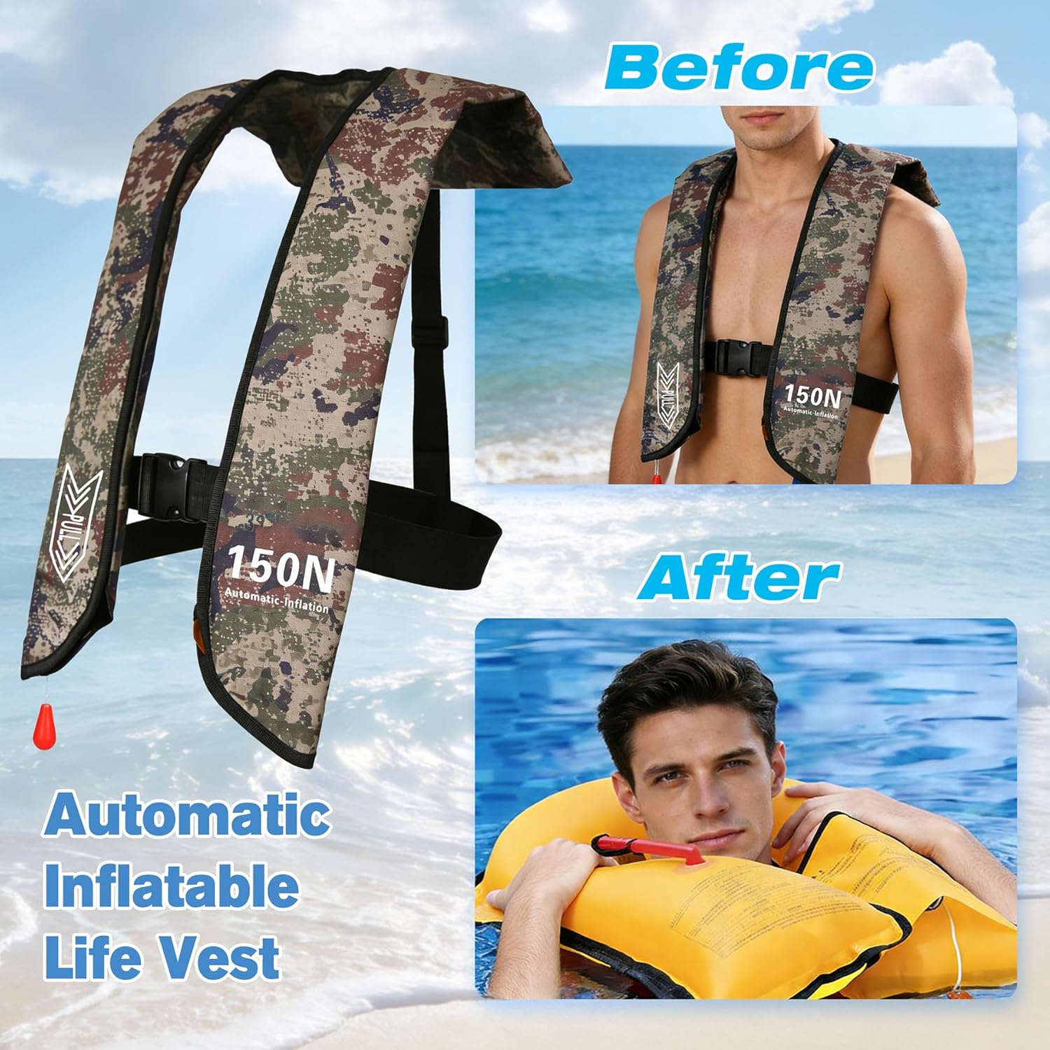 Inflatable Life-Jacket for Adults| Life-Vest with Automatic/Manual Multifunctional Inflation-PFD| Lightweight & Compact Supports up to 300lbs for Kayaking Fishing Boating