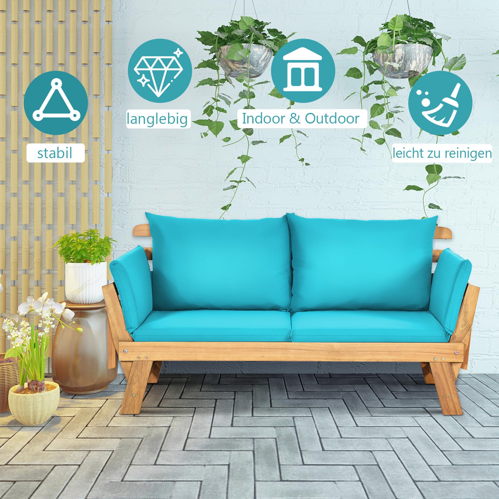 GIANTEX Liegesofa mit klappbaren Seitenlehnen, Gartenbank Sitzbank mit Auflagen, Sonnenliege Gartenliege aus Akazienholz, Multifunktionsbank Balkonbank Parkbank Gartenmöbel, grau/beige (Türkis)