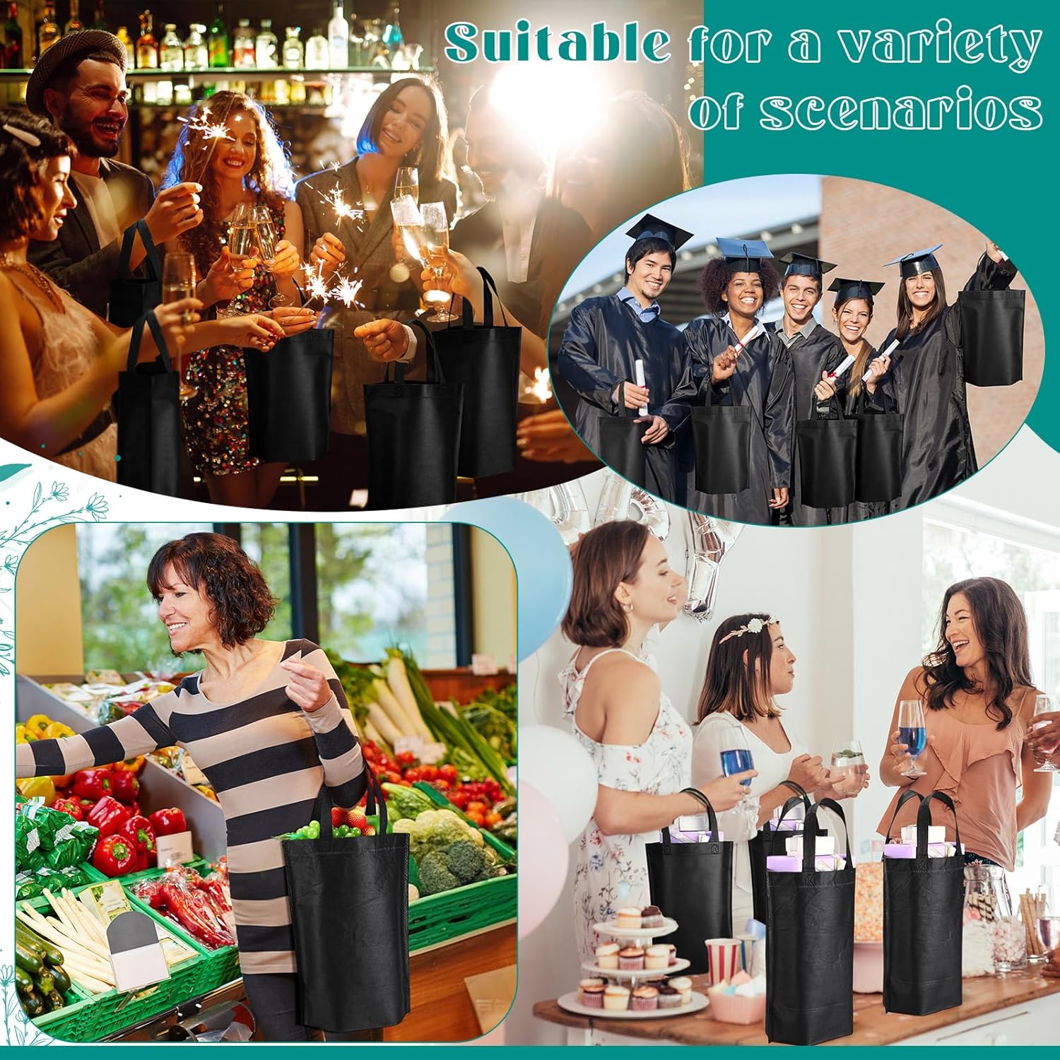 Windyun Reusable Grocery Bags Large Non Woven Shopping Bags with Handle Foldable Portable Tote Carryall Bulk 11.8x6x13.8 Inch - Image 7