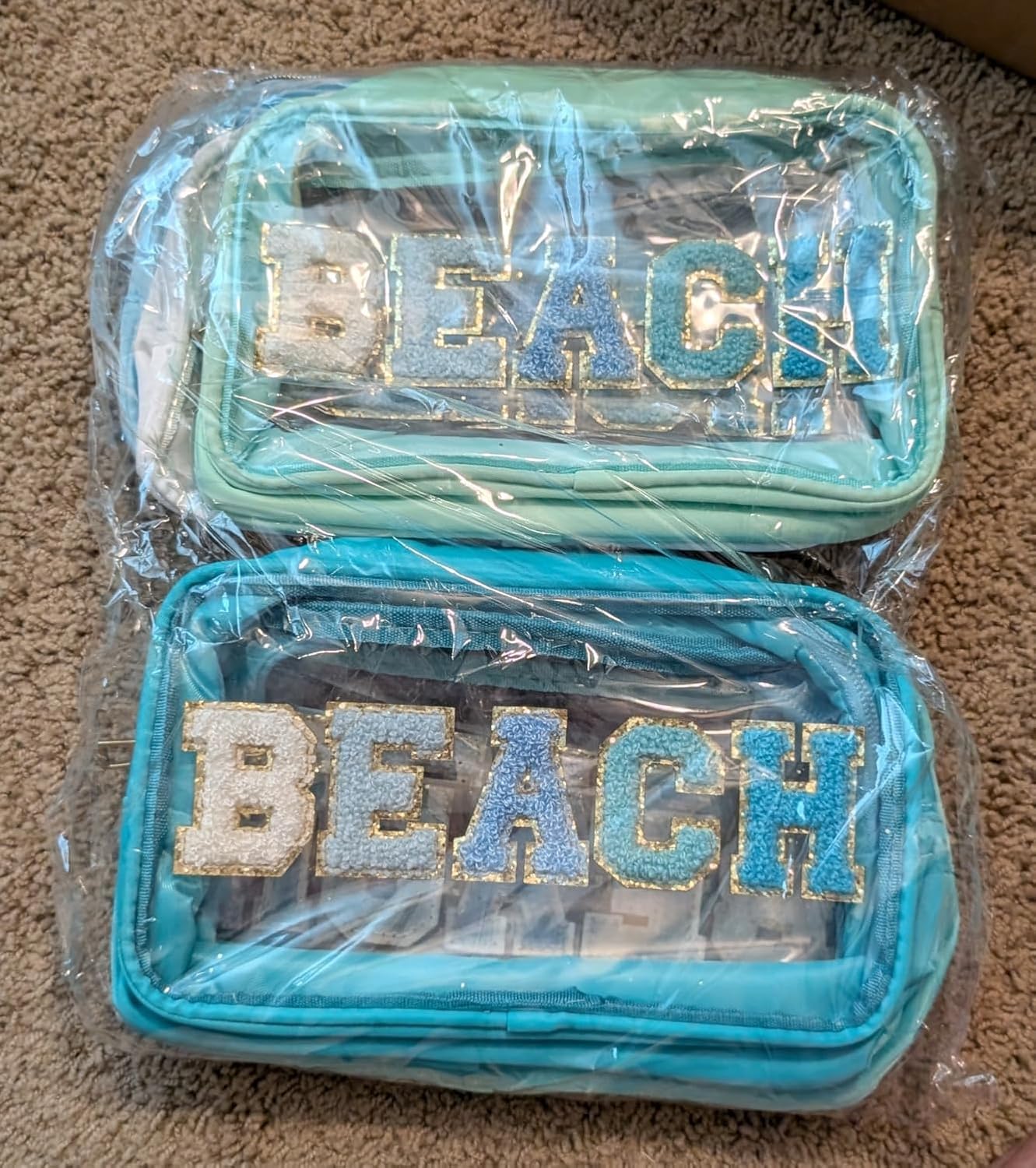 Kacctyen 6 Pcs Clear Sun Makeup Bags Bulk Sunscreen Pouch Chenille Letter Preppy Patch Makeup Bags with Zipper Waterproof Travel Toiletry Cosmetic Organizer for Summer Beach Pool Vacation Women Gift