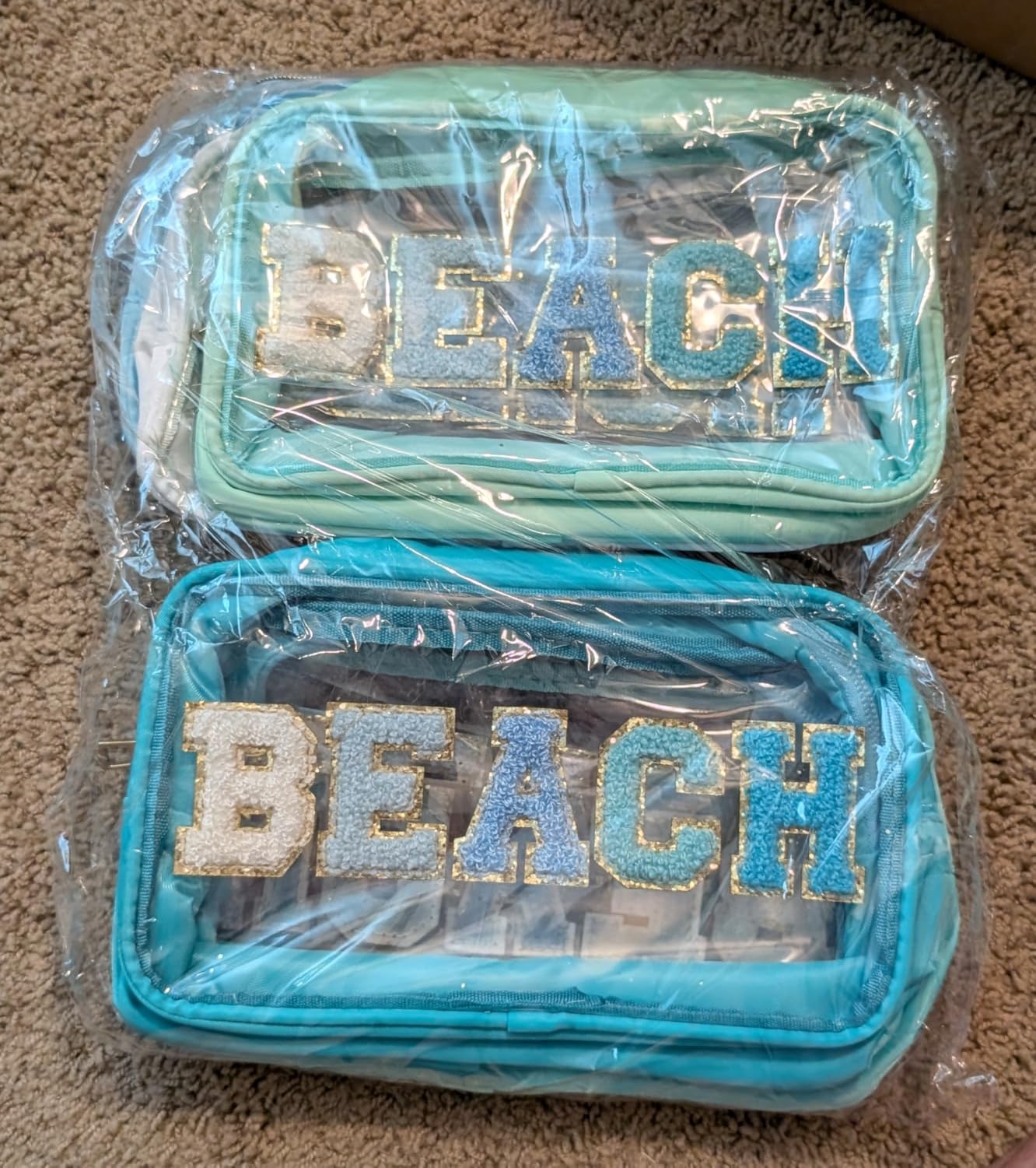 Kacctyen 6 Pcs Clear Sun Makeup Bags Bulk Sunscreen Pouch Chenille Letter Preppy Patch Makeup Bags with Zipper Waterproof Travel Toiletry Cosmetic Organizer for Summer Beach Pool Vacation Women Gift