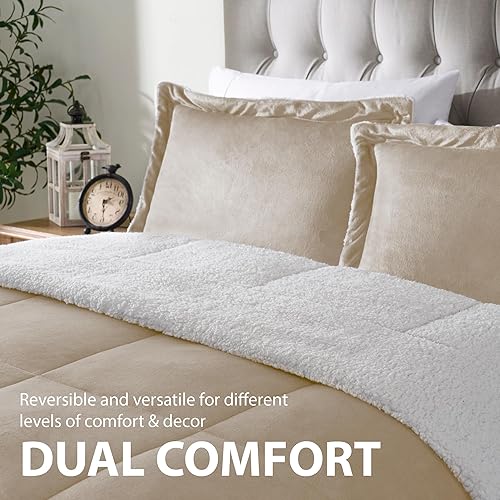 Miniatura 2 de Juego de edredón Cathay Home Fashions reversible, de piel sintética de Sherpa, juego de edredón alternativo, para cama individual, color marfil