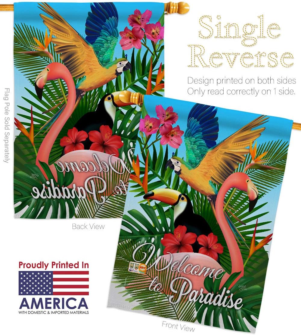 Tropical Bird Paradise Garden House Flags Set Summertime Ocean Beach Seashells Pineapple Outdoor Summer Aloha Small Decorative Gift Yard Banner Made In USA 28 X 40