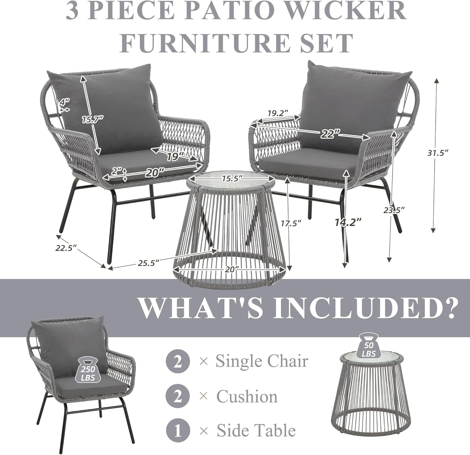 Bezseller 3-Piece Outdoor Patio Set - 20" Wide Seating w/ 2" Thick Cushions, 14.2" Seat Height - Modern Boho Furniture for Gardens, Balcony & Apartments
