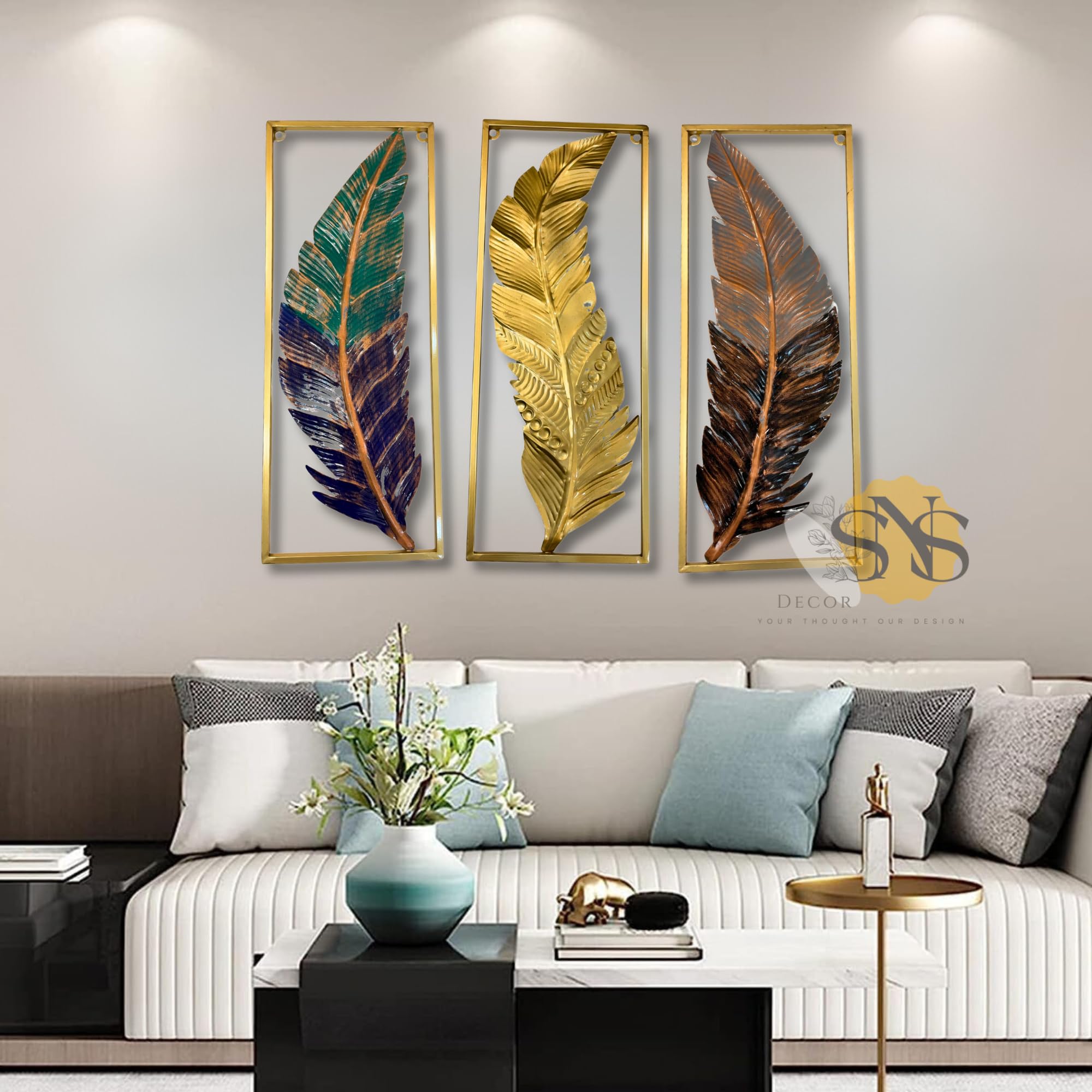 SNS DECOR Metal Frame Leaf Set of 3 Wall Art Decorations | Modern Luxury Metal Wall Art Decor, | Perfect 3D Wall Sculpture For Living Room, Restaurant, Hotel & Office (Multi)