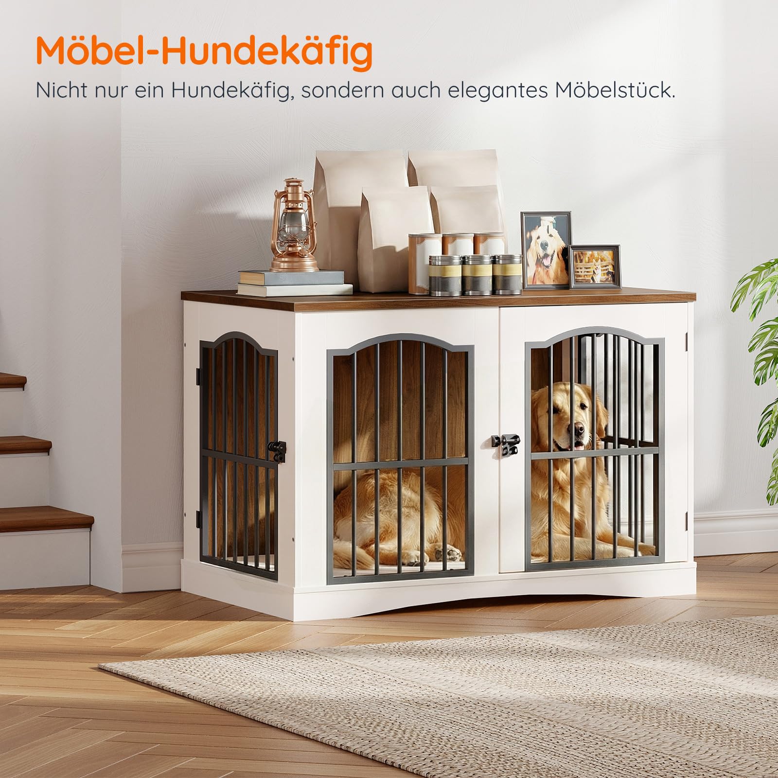 HOOBRO Hundekäfig Möbel, 100cm Hundebox für Zuhause, Moderne Hundebox Indoor mt 3 Türen für mittelgroße Hunde, für Wohnzimmer, Schlafzimmer, Treppenhaus, 100 x 60 x 67,5 cm, Weiß und Walnuss EWH66GW03