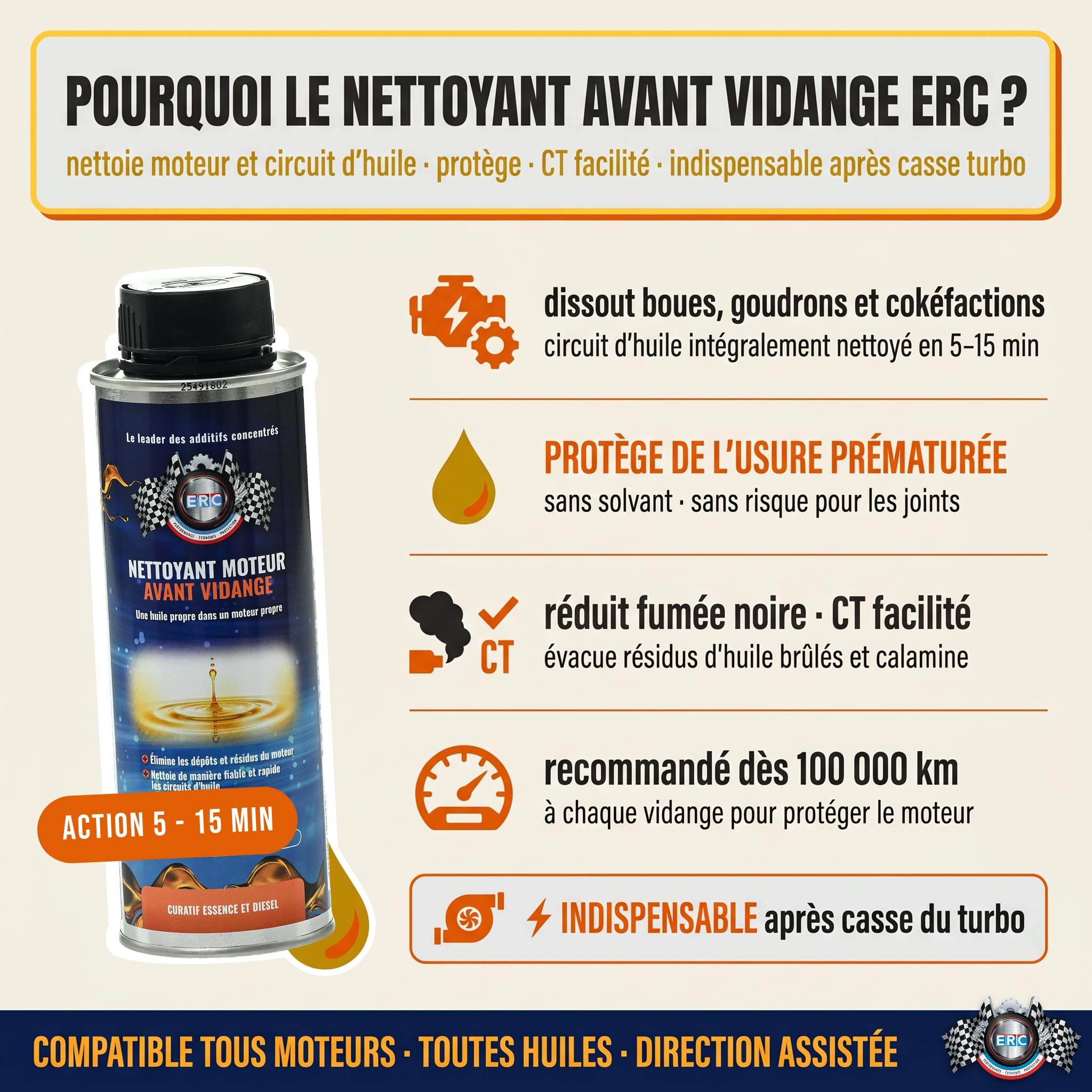 ERC | Nettoyant Moteur Avant Vidange Flush Engine | Dissout Boues, Calamine, Résidus d'Huile | Formule Sans Solvant à Base d'Huile | Compatible Essence, Diesel, Direction Assistée | Flacon 250 ml