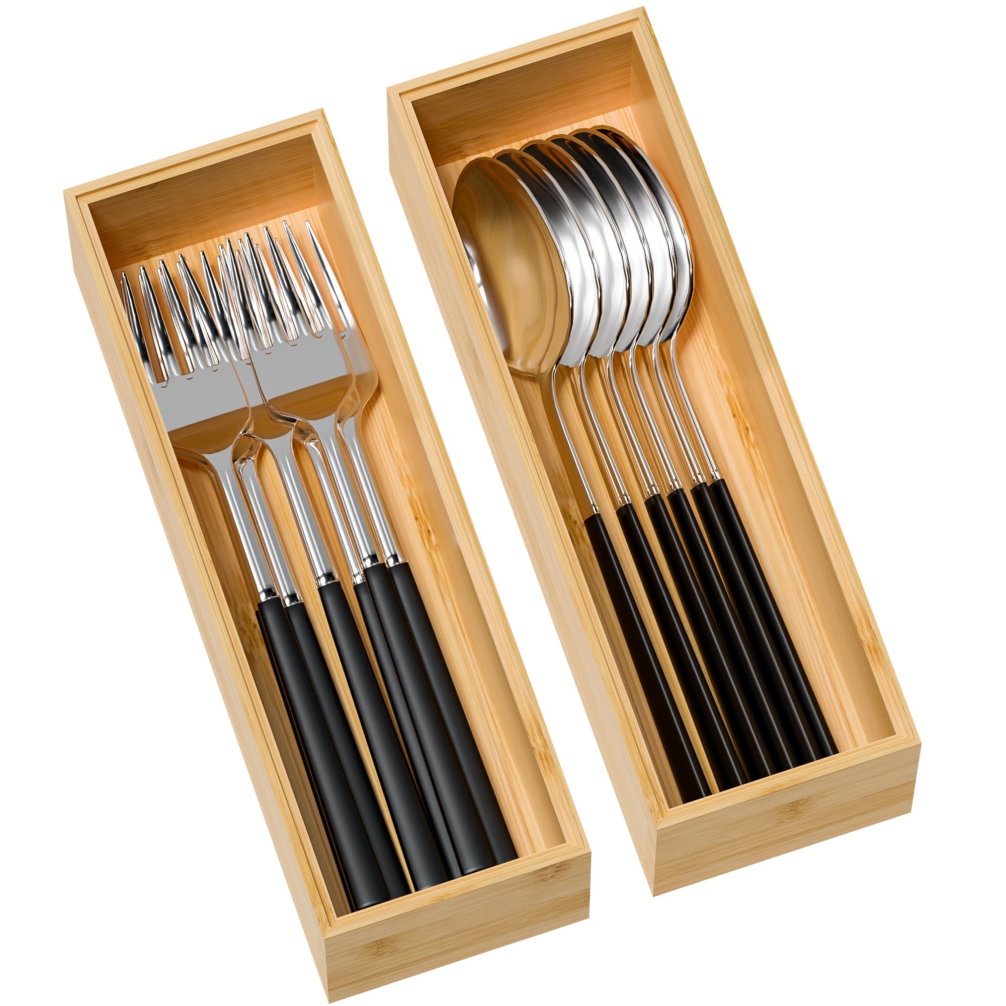 Kitchen Drawer Organizer Bins, Stackable Bamboo Drawer Organizer for Silverware, Utensils, Cutlery, Flatware, Deep Drawer Organizers for Junk Drawer, Dresser, Bathroom, 9" x 3" x 2.5"