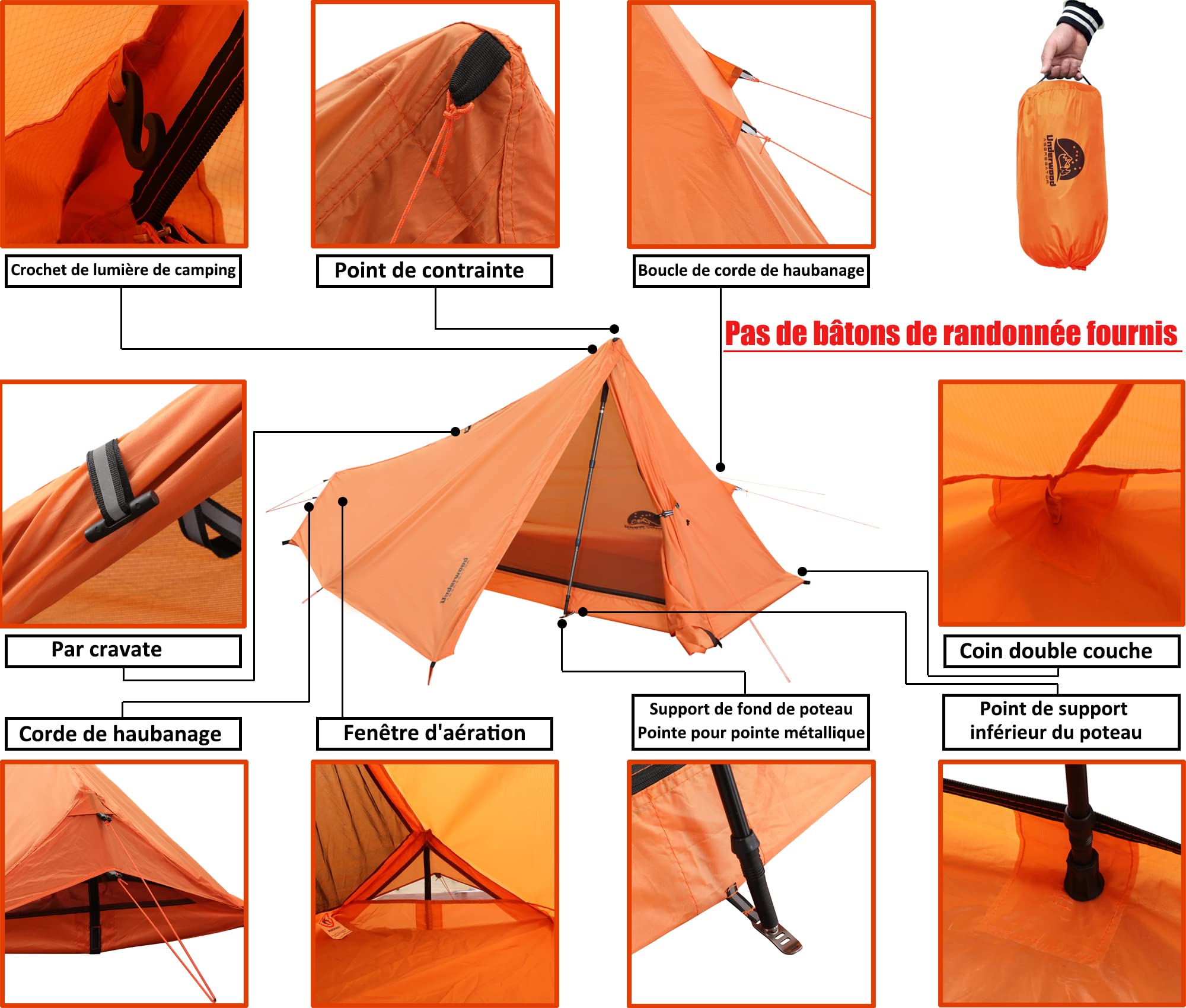 Tente de Camping Ultralégère pour 1 Personne - Tente de Trekking Imperméable et Compacte pour Vélo et Moto (Pas de Bâtons de Randonnée)