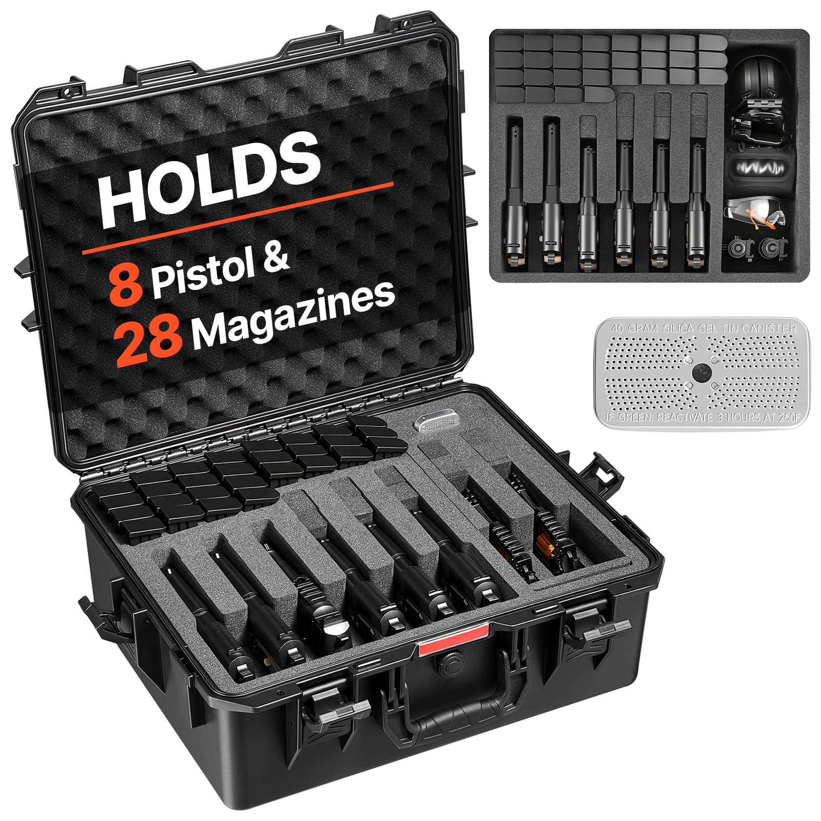 VEVOR Estuche Rígido para Pistola con Revestimiento de Espuma XPE, Funda para 8 Pistolas, Resistente al Agua y Polvo con Interior Personalizable y Asa 556 x 455 x 225 mm, Negro, Cumple con la TSA