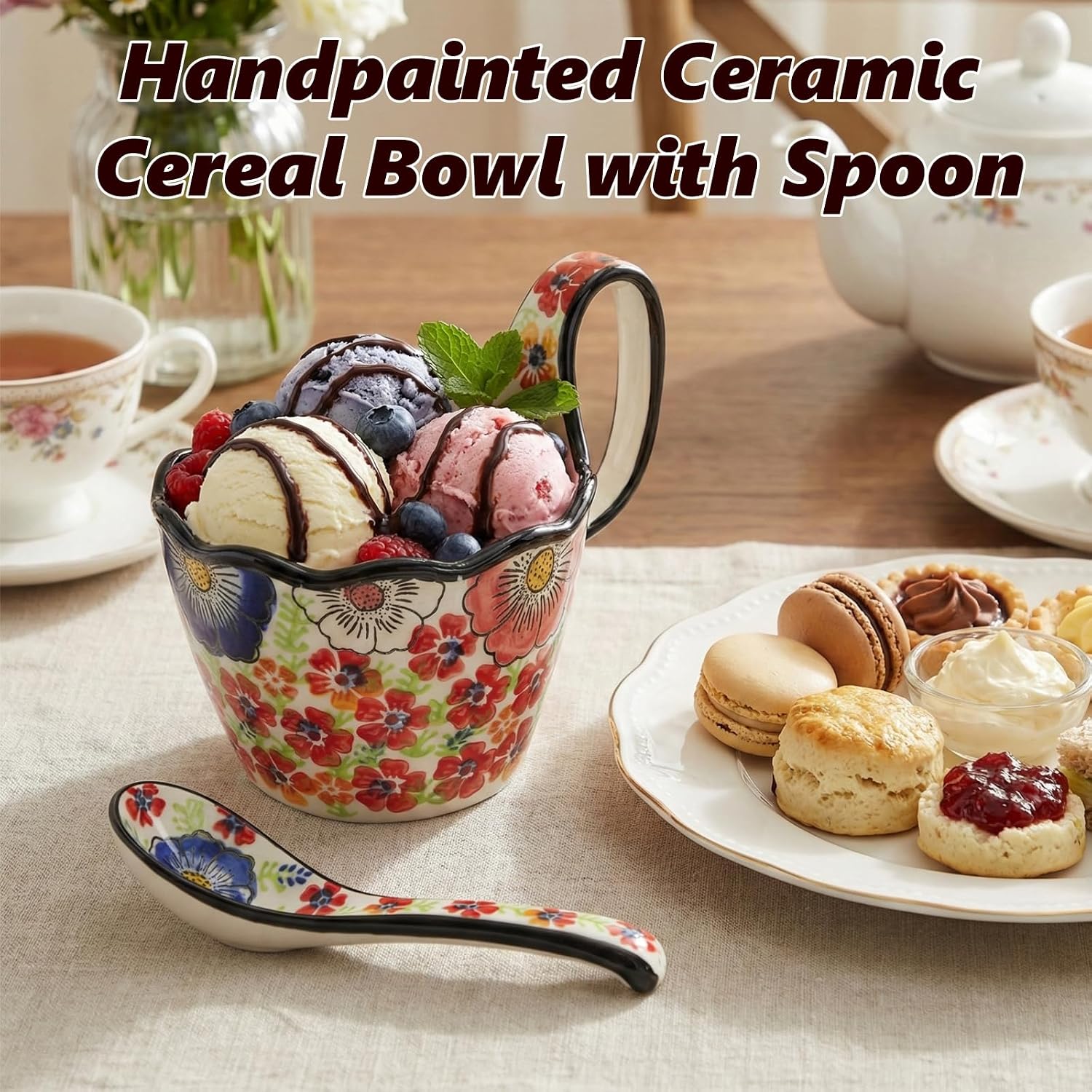 15oz Microwavable Soup Bowl with Loop Handle, Handpainted Ceramic Cereal Bowl with Spoon, Decorative Floral Soup Mug with Wide Handle for Oatmeal Holding Ice Cream Stew Snacks, Glazed Red