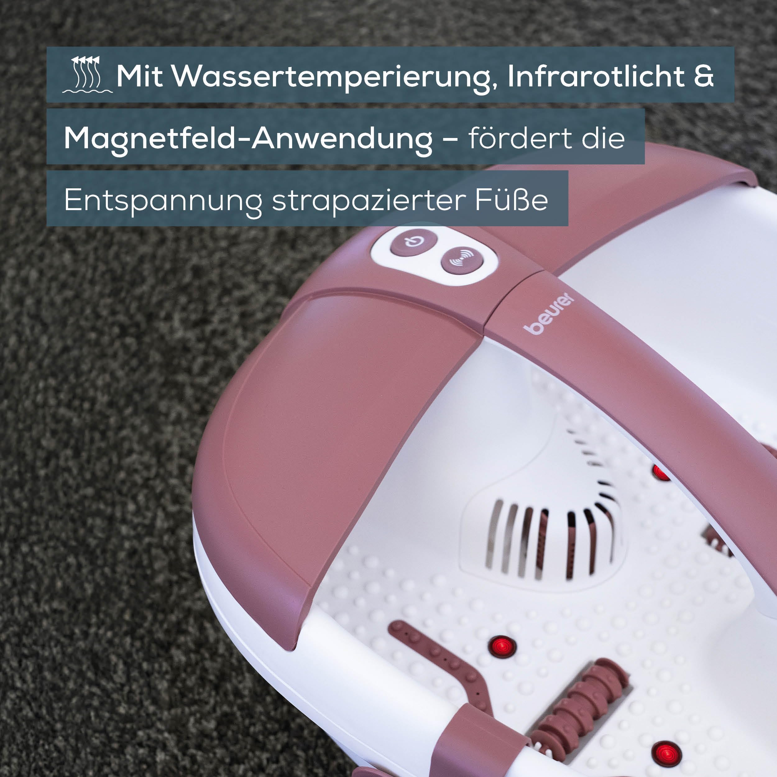 Beurer FB 35 Fußsprudelbad mit Vibrations- & Sprudelmassage, inkl. 3 wechselbaren Pediküre-Aufsätzen, mit Wassertemperierung, Infrarot-lichtpunkte & Möglichkeit zur Aromatherapie, bis Schuhgröße 44