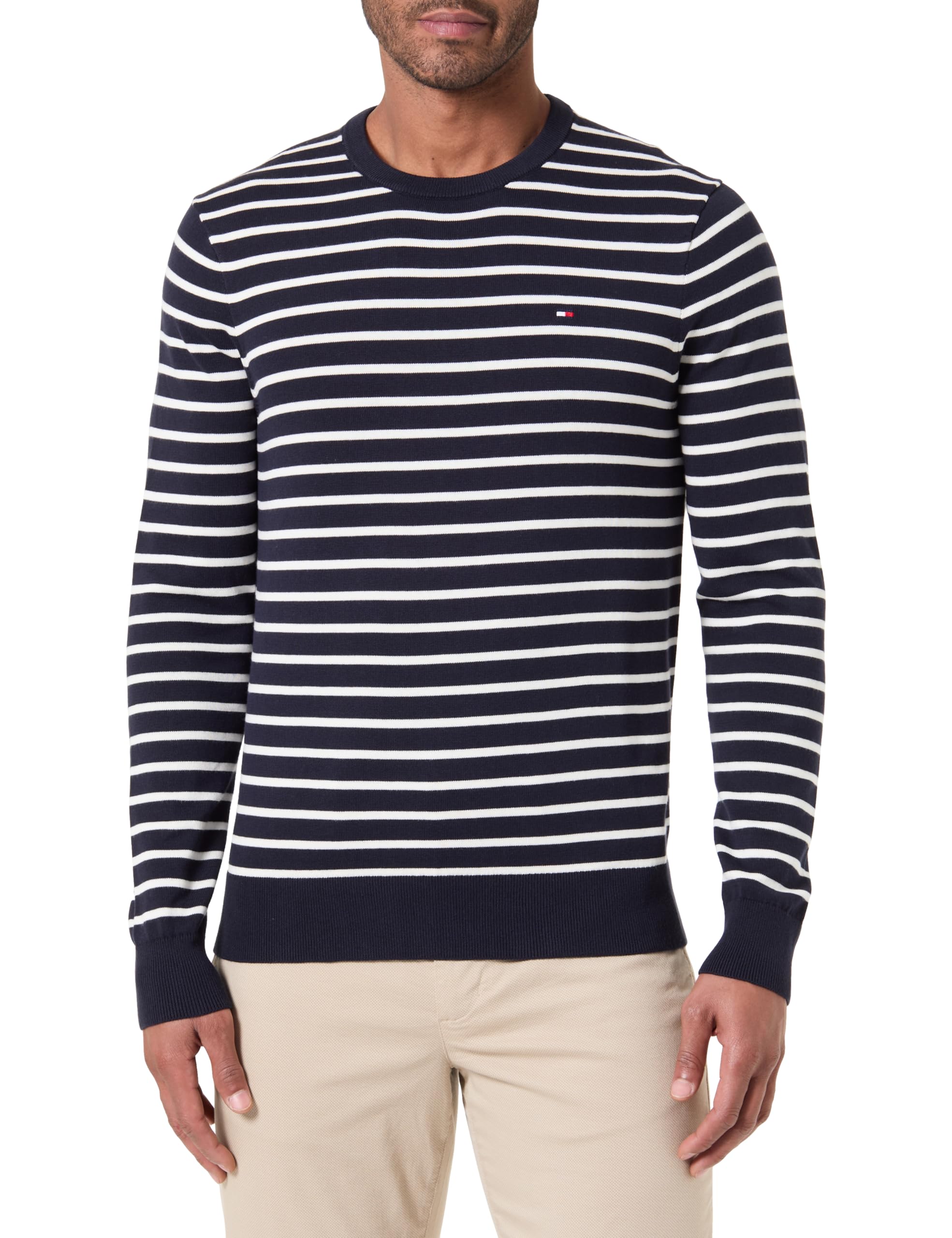 Tommy Hilfiger Men’s Essential Cotton Round Neck Jumper, Multicolor (Desert Sky/Ivory), XS