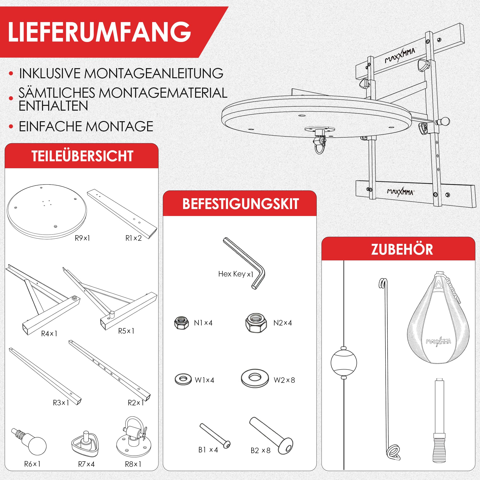 MaxxMMA Speed Bag Platform Kit für Intensives Boxtraining, zur Wandmontage, Höhenverstellbar, Stabile 24" Holzplattform, Ideal für das Heim-Fitnessstudio + patentierter Reaktionsball