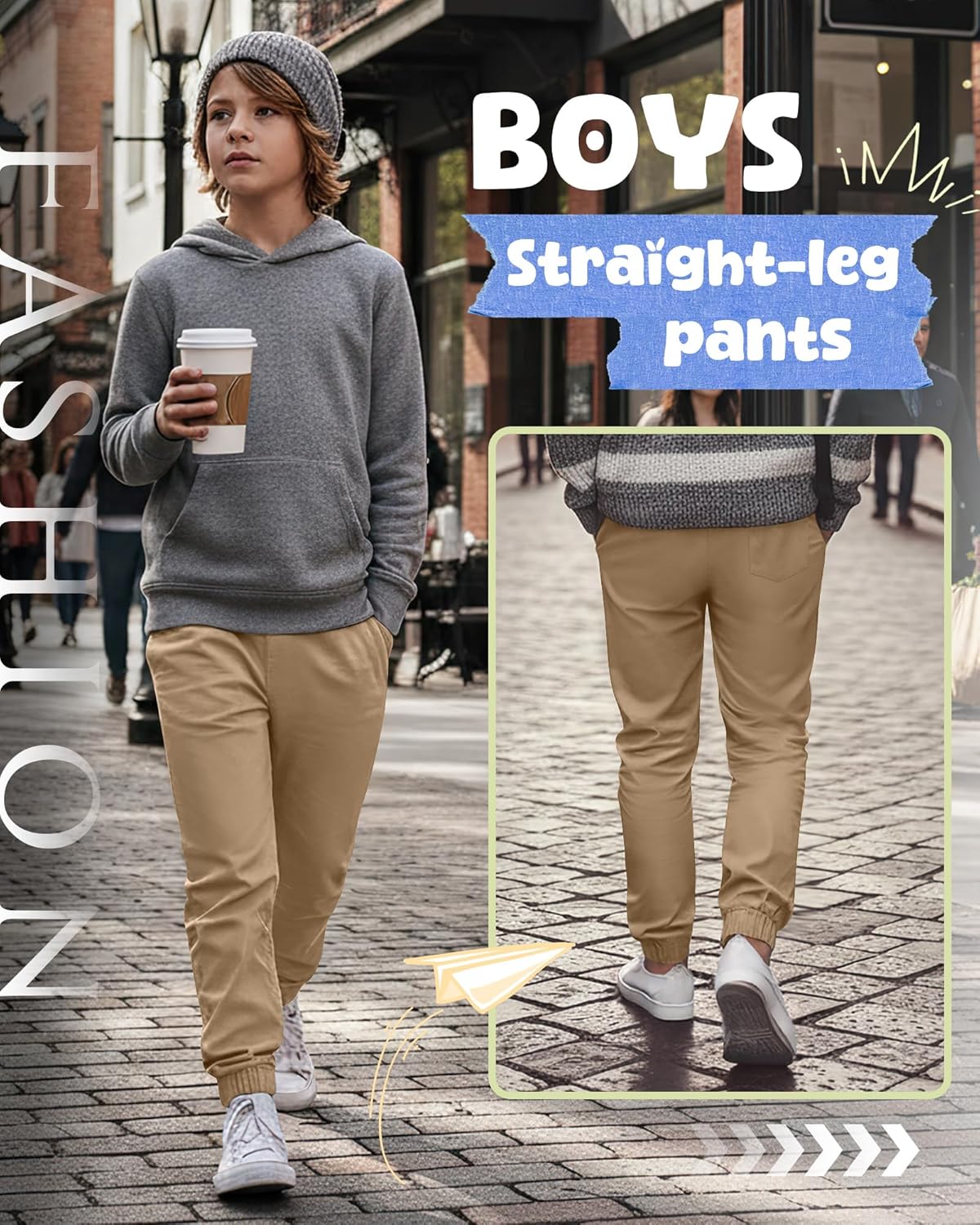 3 Pack Boys Uniform Jogger Pants Kids Cotton Pull-on Elastic Waist Relaxed Fit School Clothes with Pockets(Khaki,12-13 Years) - Image 3