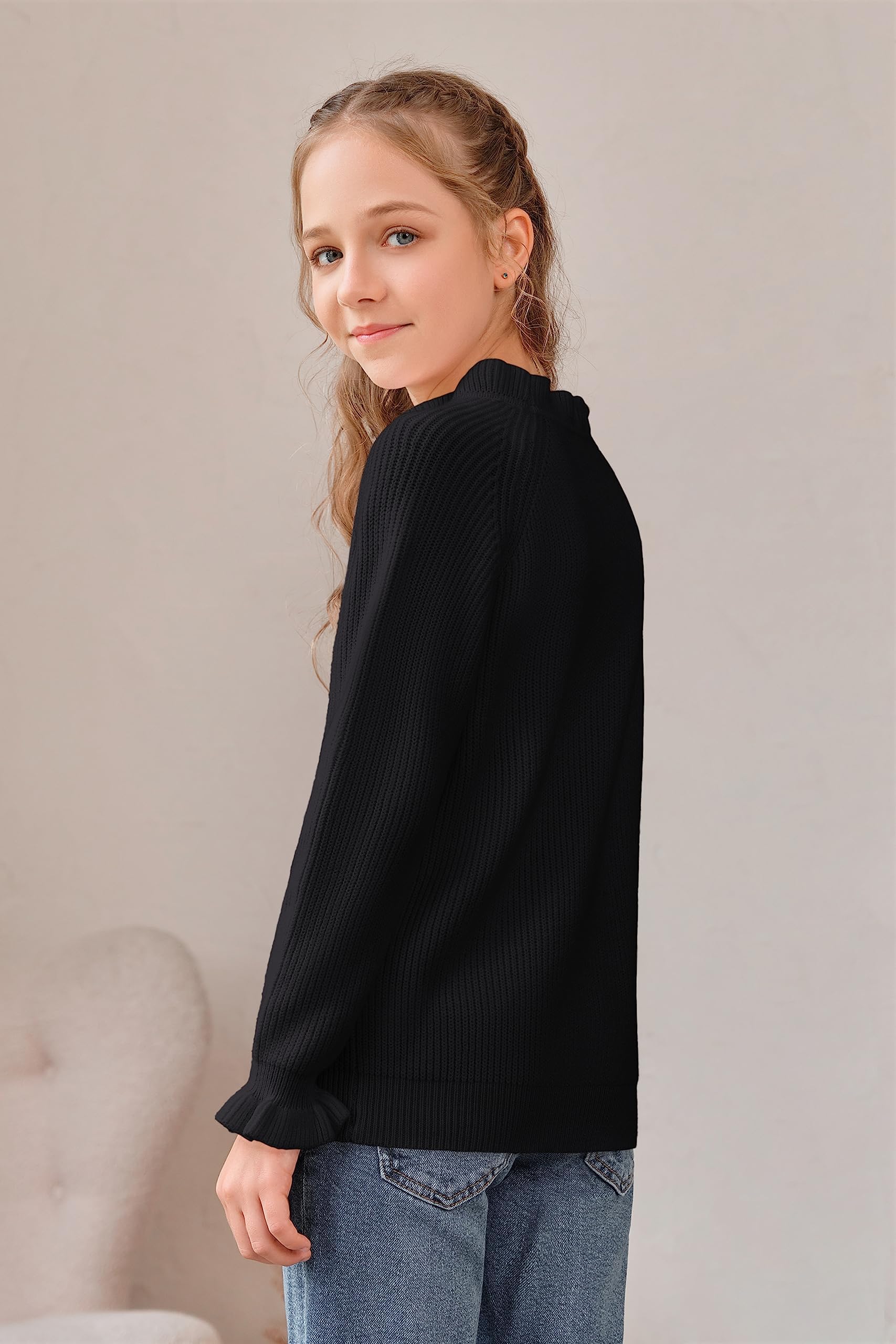 Haloumoning Maglione da ragazza, a maniche lunghe, con scollo rotondo, a volant, per bambini, invernale, lavorato a maglia