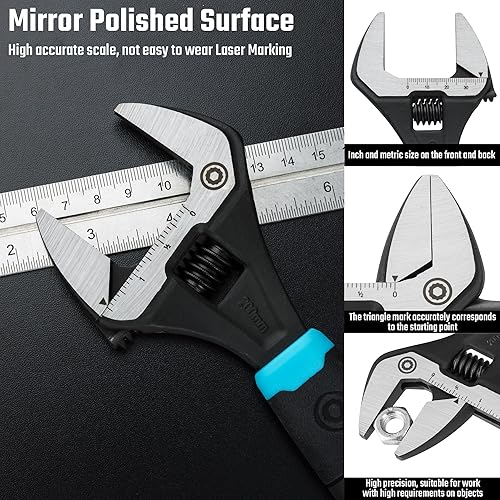 Miniatura 6 de DURATECH Llave ajustable de 8 pulgadas, llave de fontanería de apertura de mandíbula ancha, acero CR-V, SAE y escala métrica marcada, agarre