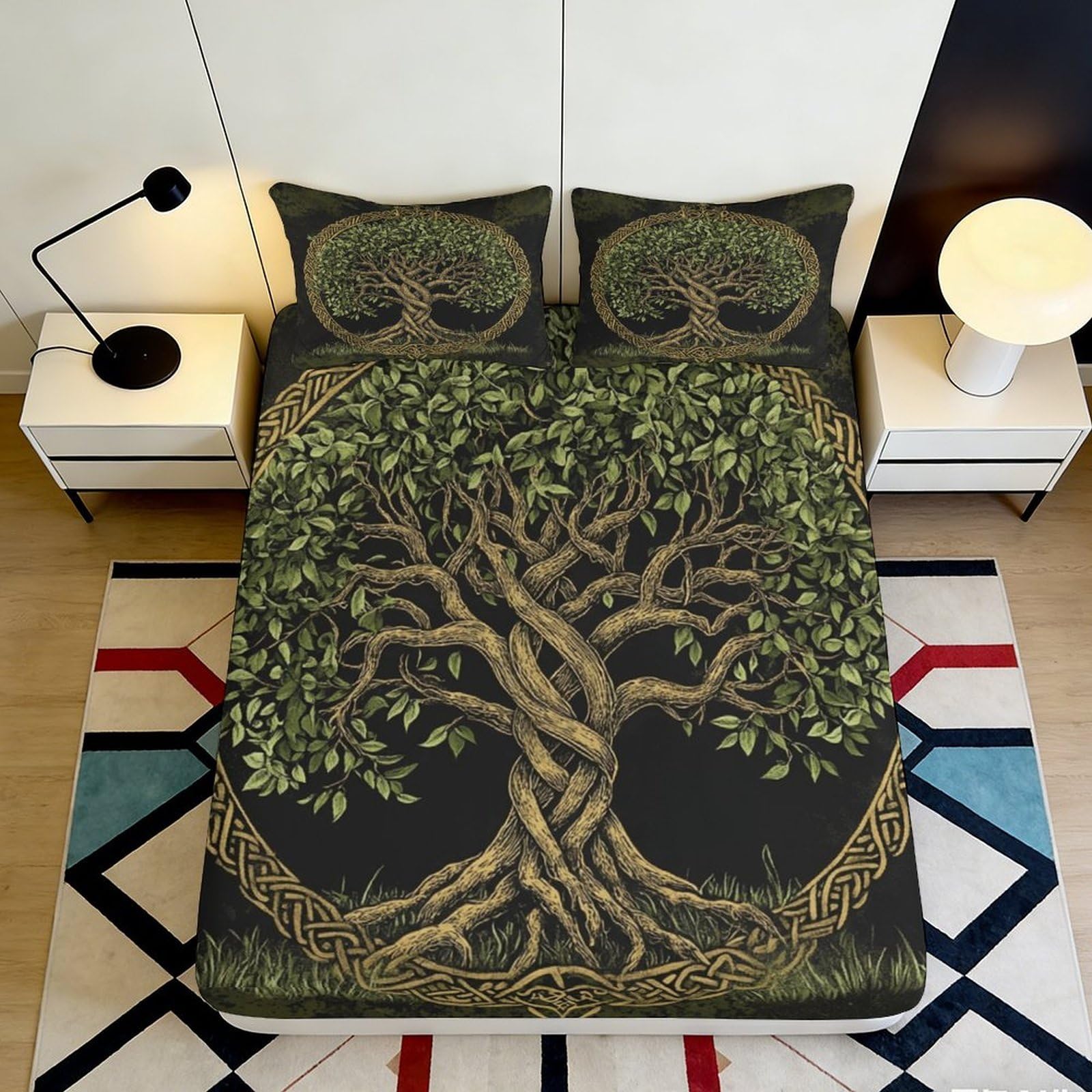 3D Printed Celtic Tree of Life Fitted Sheet Microfiber Non-Slip Mattress Cover for Bedroom Guest Room Decor 160x200x25cm