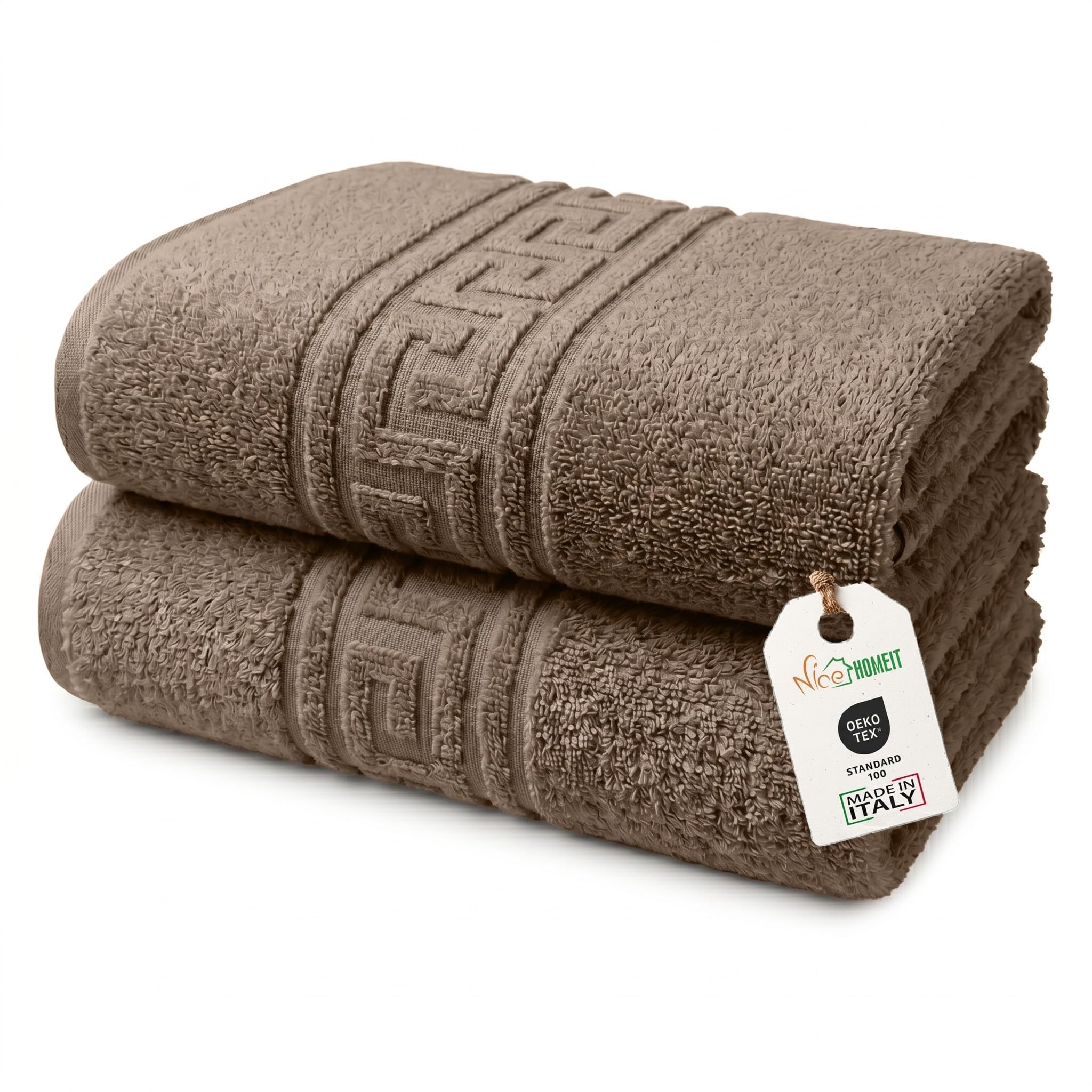 nice homeit Set mit 2 großen Badetüchern, 100 x 150 cm, extra großes Badetuch aus 100% ringgesponnener Baumwolle, extra weich und saugfähig, hergestellt in Italien (Braun)