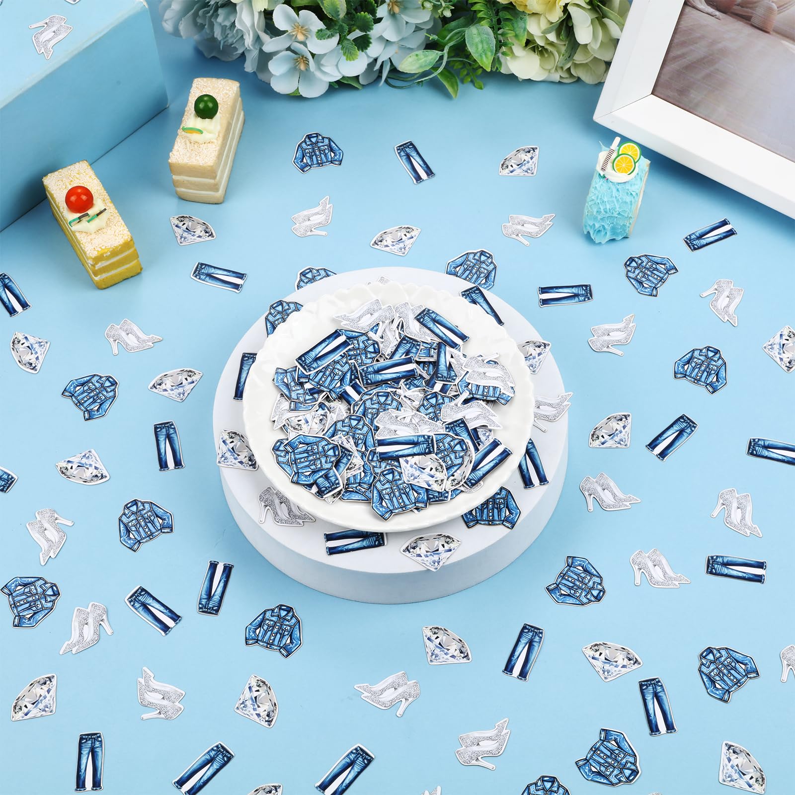 Denim und Diamanten Partydekorationen, 200 Stück Denim und Diamanten Tischkonfetti für doppelseitige Tisch-Party-Dekorationen, Brautschmuck, Geburtstag, Hochzeit, Verlobung
