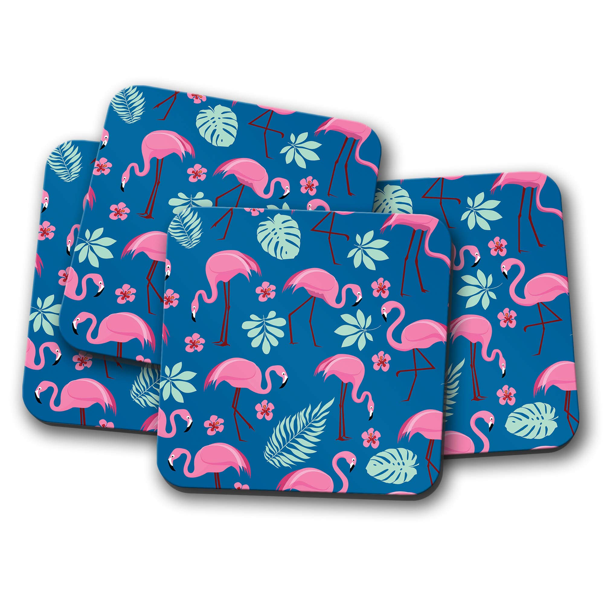 Destinationvinyl Multicolor 4 Set - Tropical Pink Flamingo Drinks Coaster - Hawaii Flowers Fun #8461