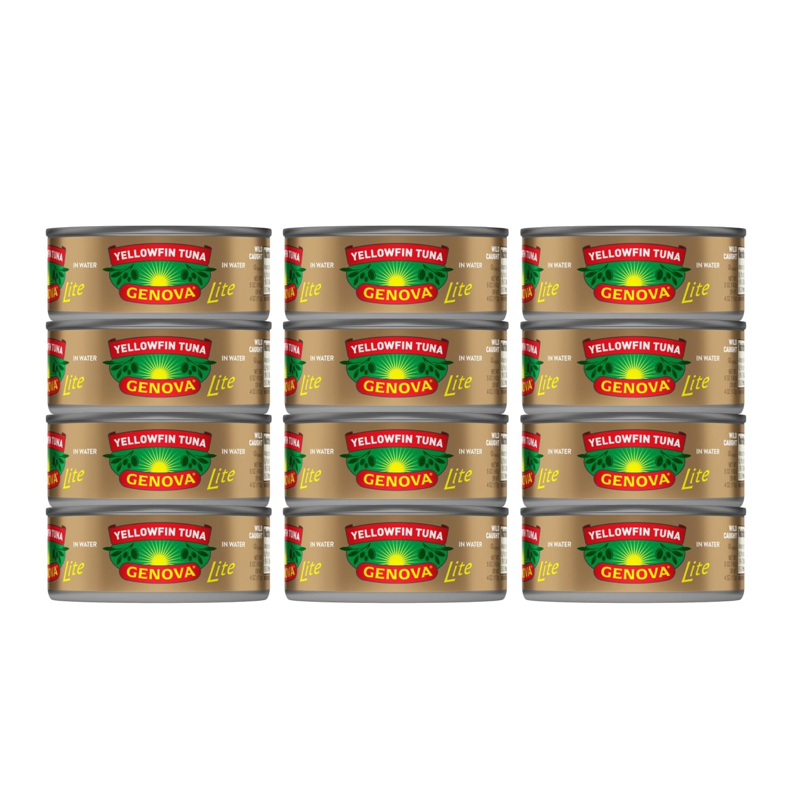 Genova Premium Lite Yellowfin Tuna in Water, Wild Caught, Solid Light, 5 oz. Can (Pack of 12)