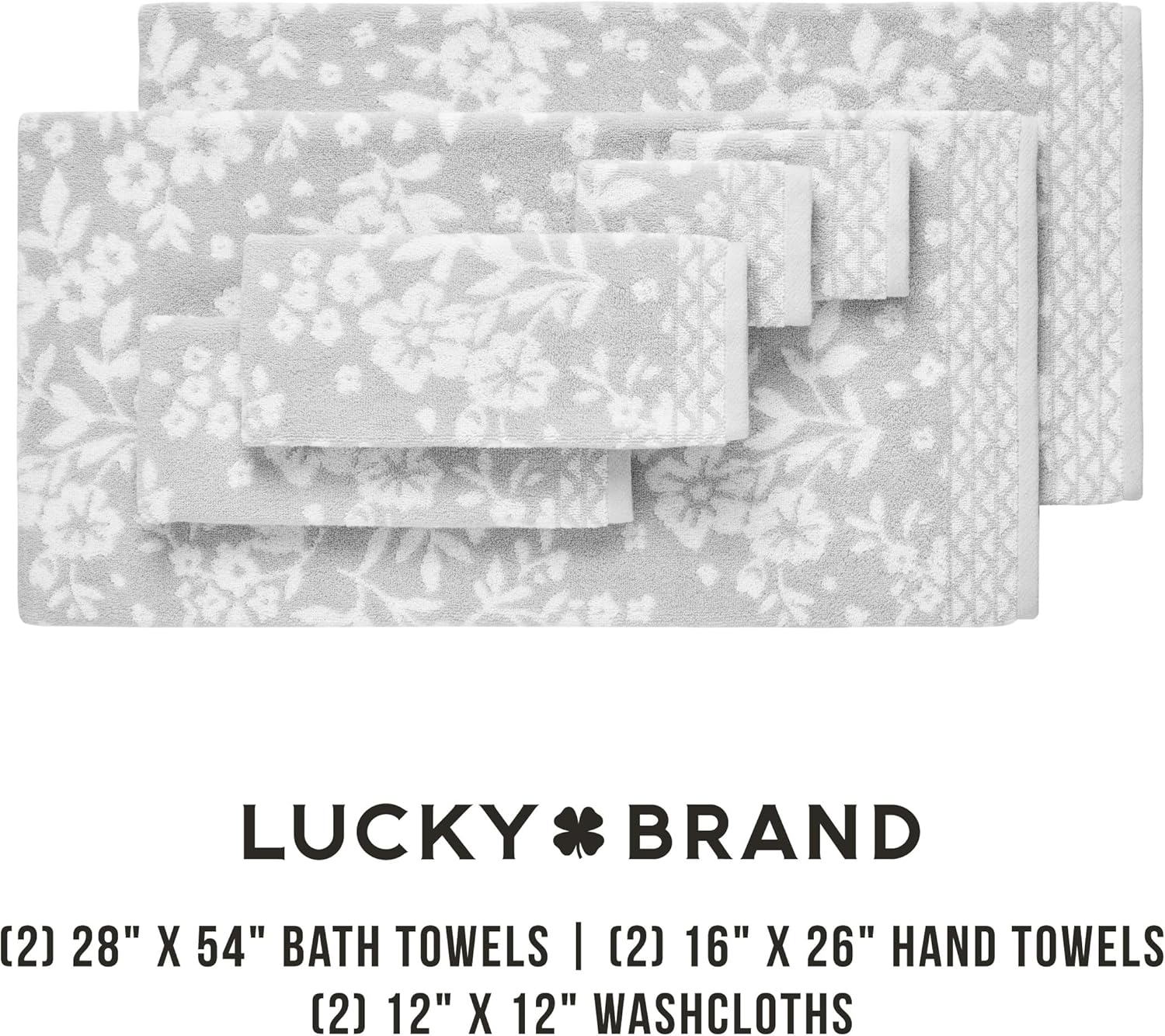 Lucky Brand Folk Floral 6 Piece Bath Towel Set - (2) Bath Towels, (2) Hand Towels, and (2) Washcloths - Glacier Grey Premium Bathroom Towel Set - Image 3