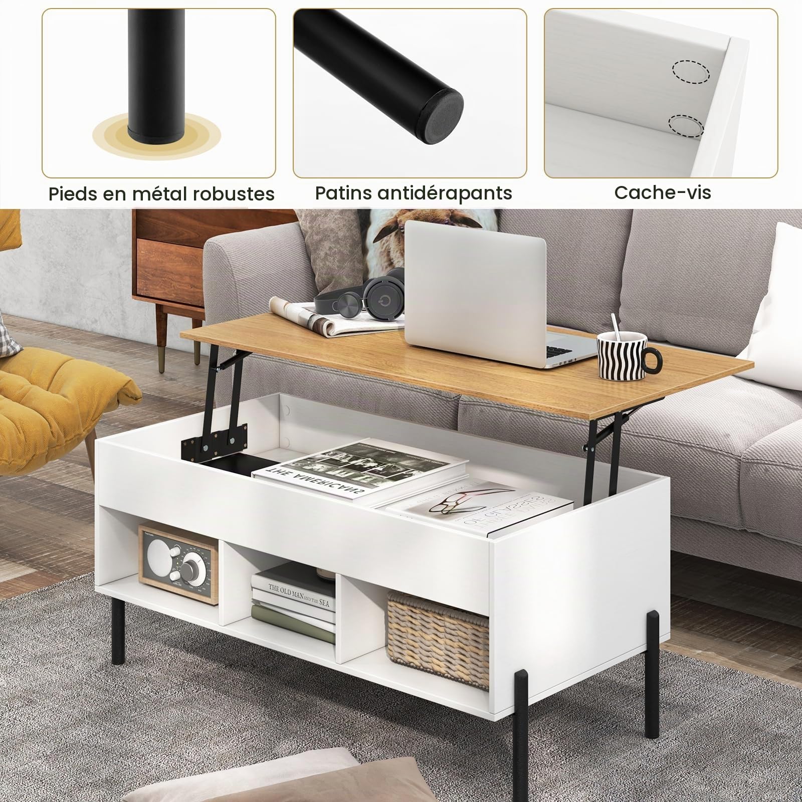 LIFEZEAL Table Basse Relevable avec Rangement Caché (Blanc+Naturel)