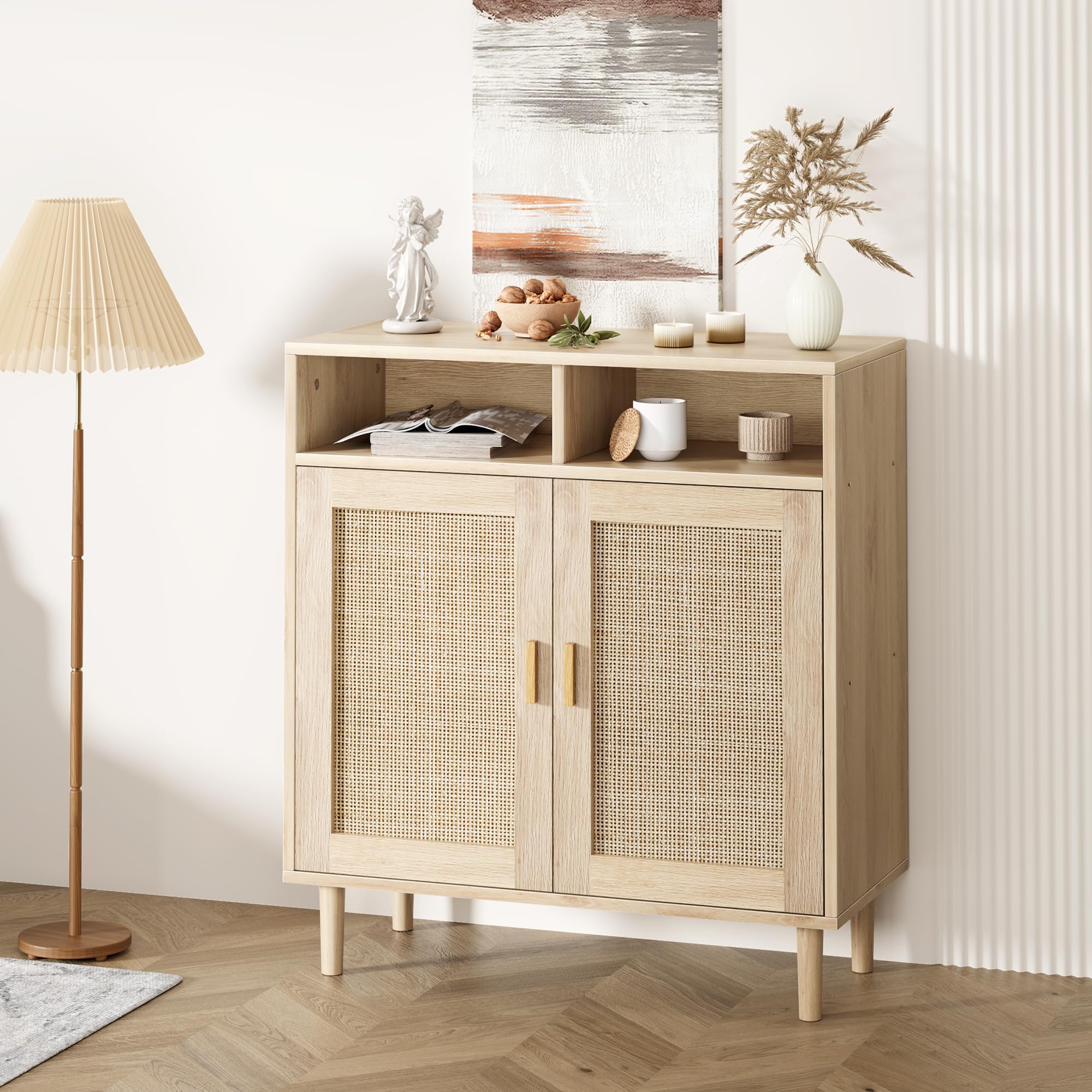 Zstar Aparador de ratán, Mueble de almacenaje Bohemio con estantes, Mueble Bar/credenza de Estilo rústico con 2 Puertas y 2 Compartimentos para salón, recibidor y Cocina.