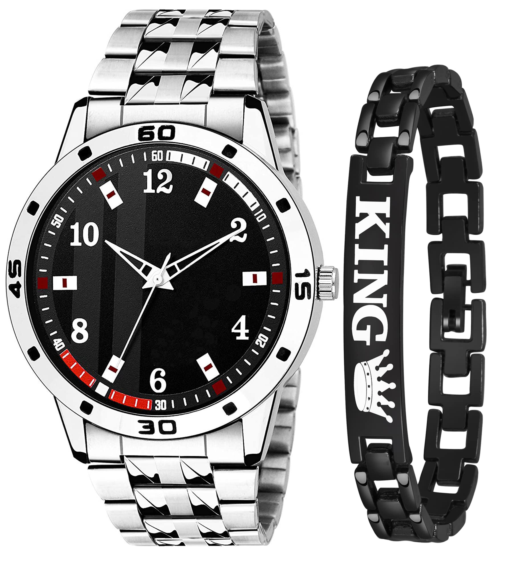 just like Analog Stainless Steel Wrist Watches and King Bracelet Combo Watch for Boy and Men (Black) (B0BTMF66RZ) Amazon Price History, Amazon Price Tracker