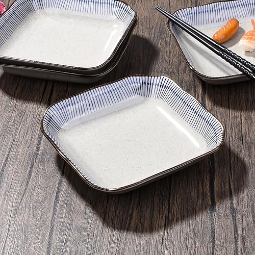Miniatura 2 de Plato cuadrado de cerámica con línea azul japonesa de 7 pulgadas, juego de 4 platos adecuados para pasta, arroz, postres, ensaladas, tortillas y