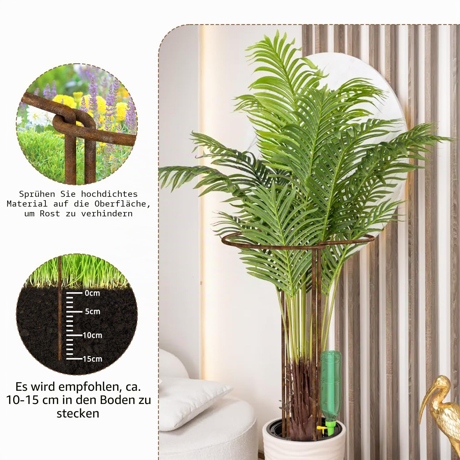 LyTaispuly 8 Stück 60 cm hohe Pflanzenstützpfähle, Starkes Metall, halbrund, Gartenstützen, Rostschleife, Ringkäfig mit 4 selbstbewässernden Spikes für Pfingstrose, Monstera (60 cm/8 Stück)