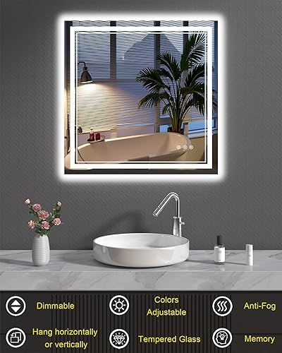 Miniatura 6 de Espejo de baño LED de 36 x 36 pulgadas con luces, espejo cuadrado iluminado para baño montado en la pared con amplia iluminación de 1 retroiluminado