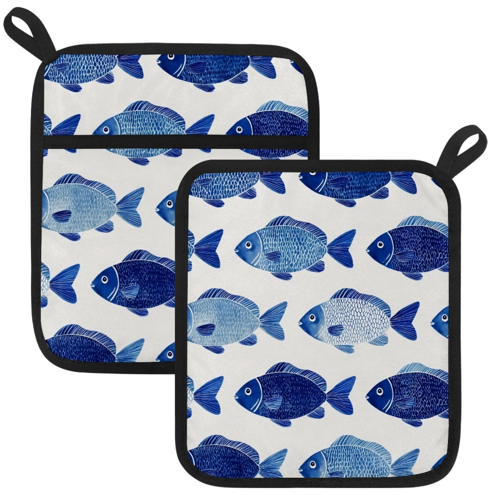 VAPOKF Blue Fish Pot Holders with Pocket for Kitchen Heat Resistant Potholders Large Polyester-Cotton Square Oven Mitts Set